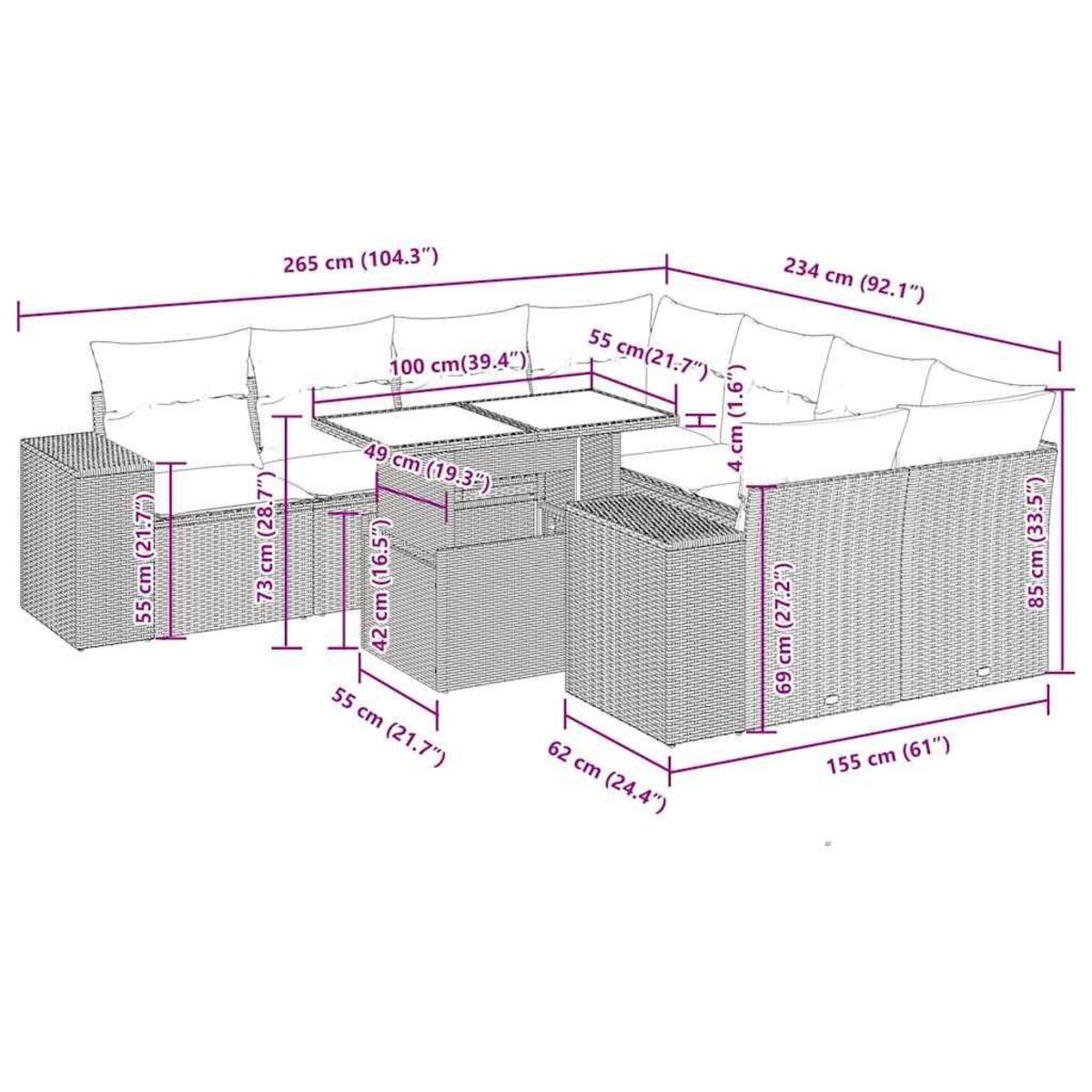 VIDAXL Salon de jardin 9 pcs avec coussins gris resine tressee