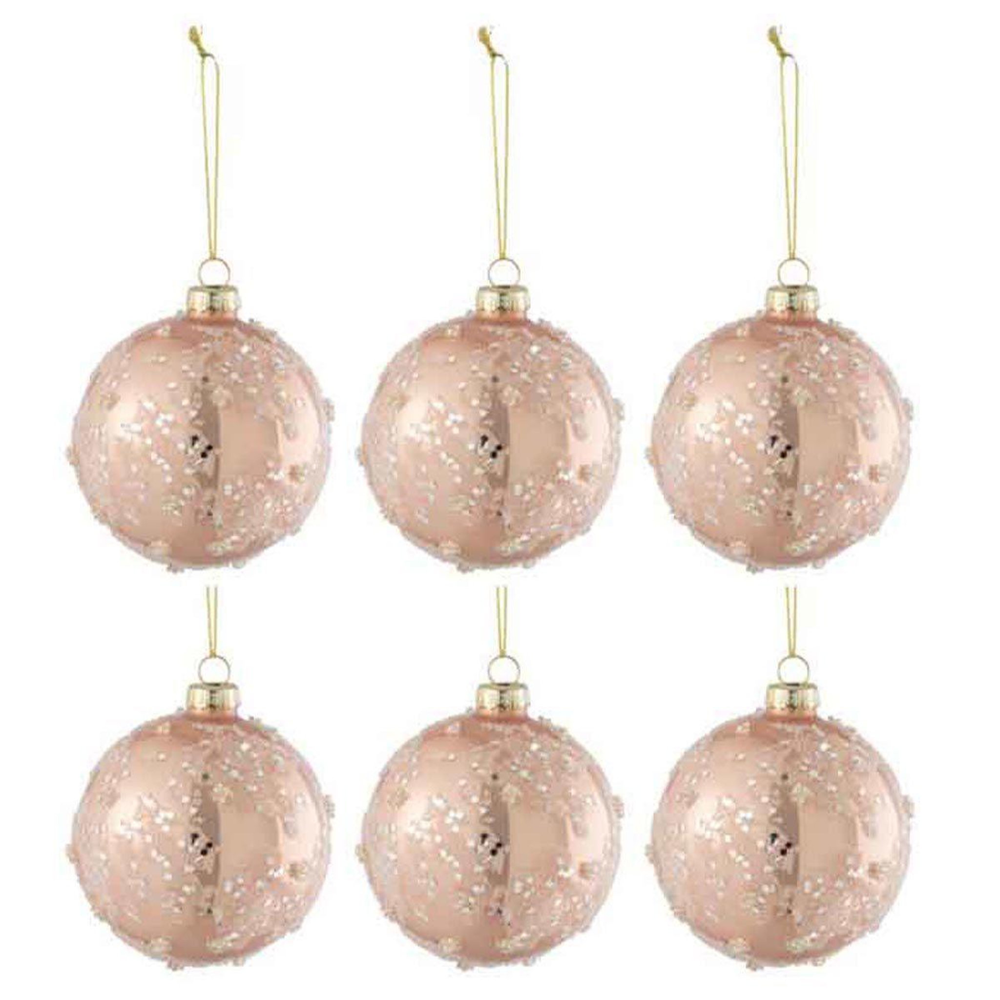 J-LINE Lot de 6 boules de noël  givre paillettes  8cm rose clair