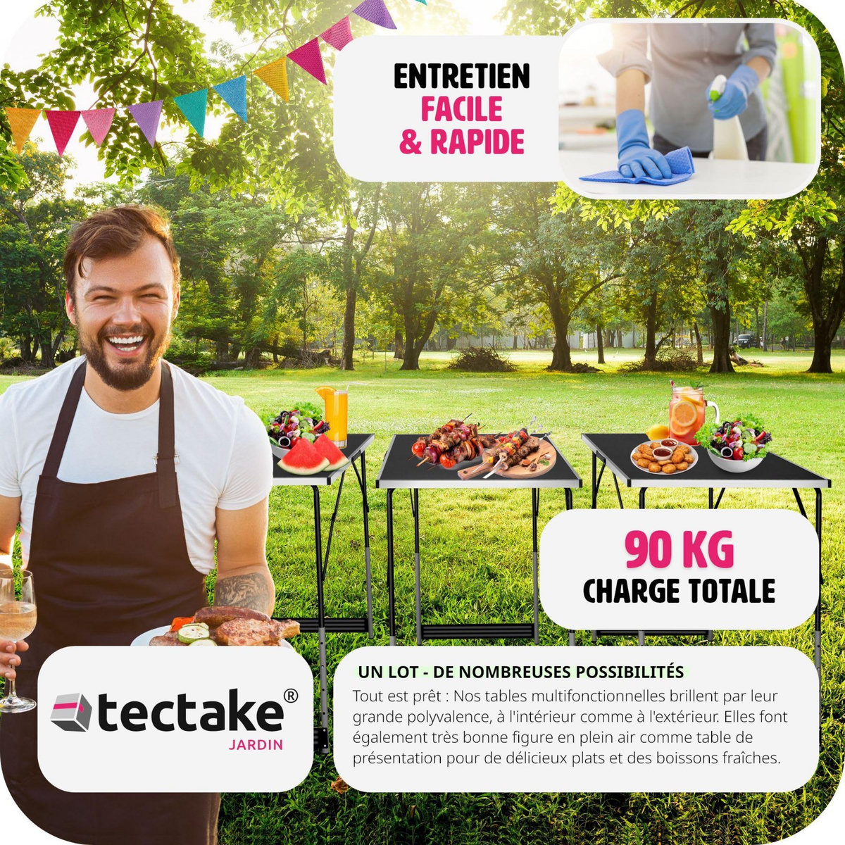 tectake Lot de 3 tables à tapisser pliable noir