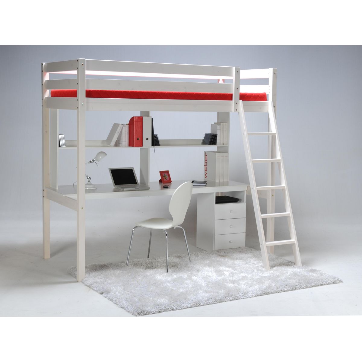 Lit Mezzanine 90x190cm en bois massif avec sommier bureau et caisson CITY