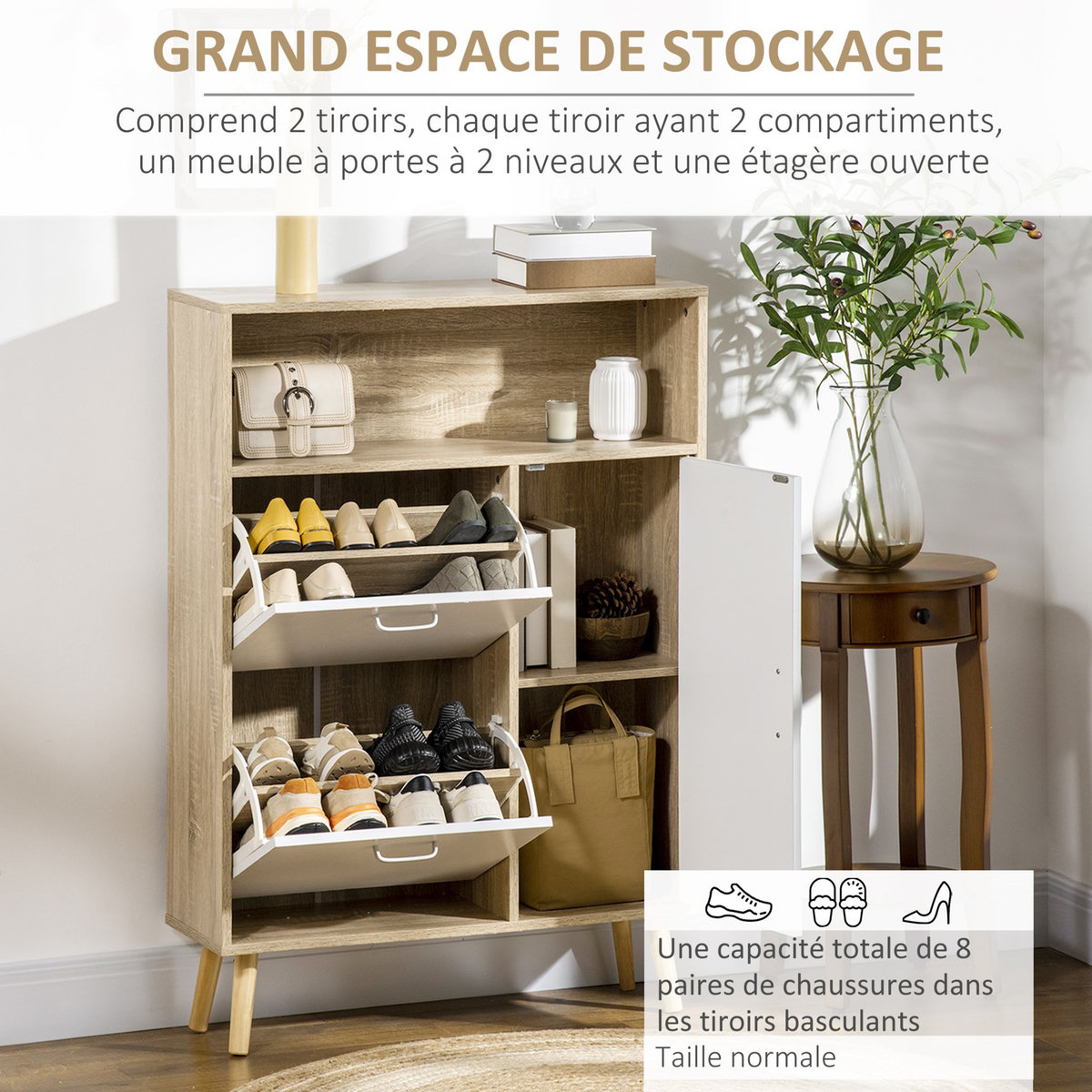 HOMCOM Meuble à chaussures design scandinave placard 3 portes 3 étagères niche piètement effilé incliné bois panneaux aspect chêne clair