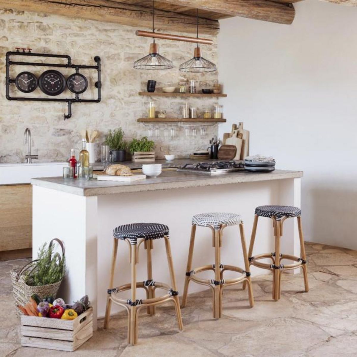 ATMOSPHERA Tabouret de Bar Bistrot en Rotin  Trecia  66cm Noir