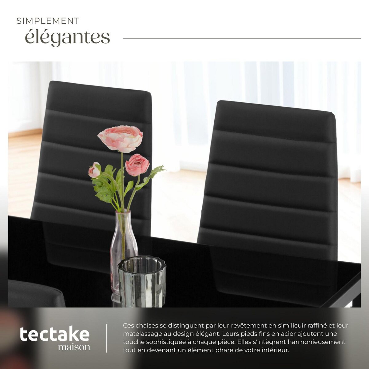 tectake Ensemble de chaises de salle à manger rembourrées avec revêtement aspect cuir noir Lot de 4
