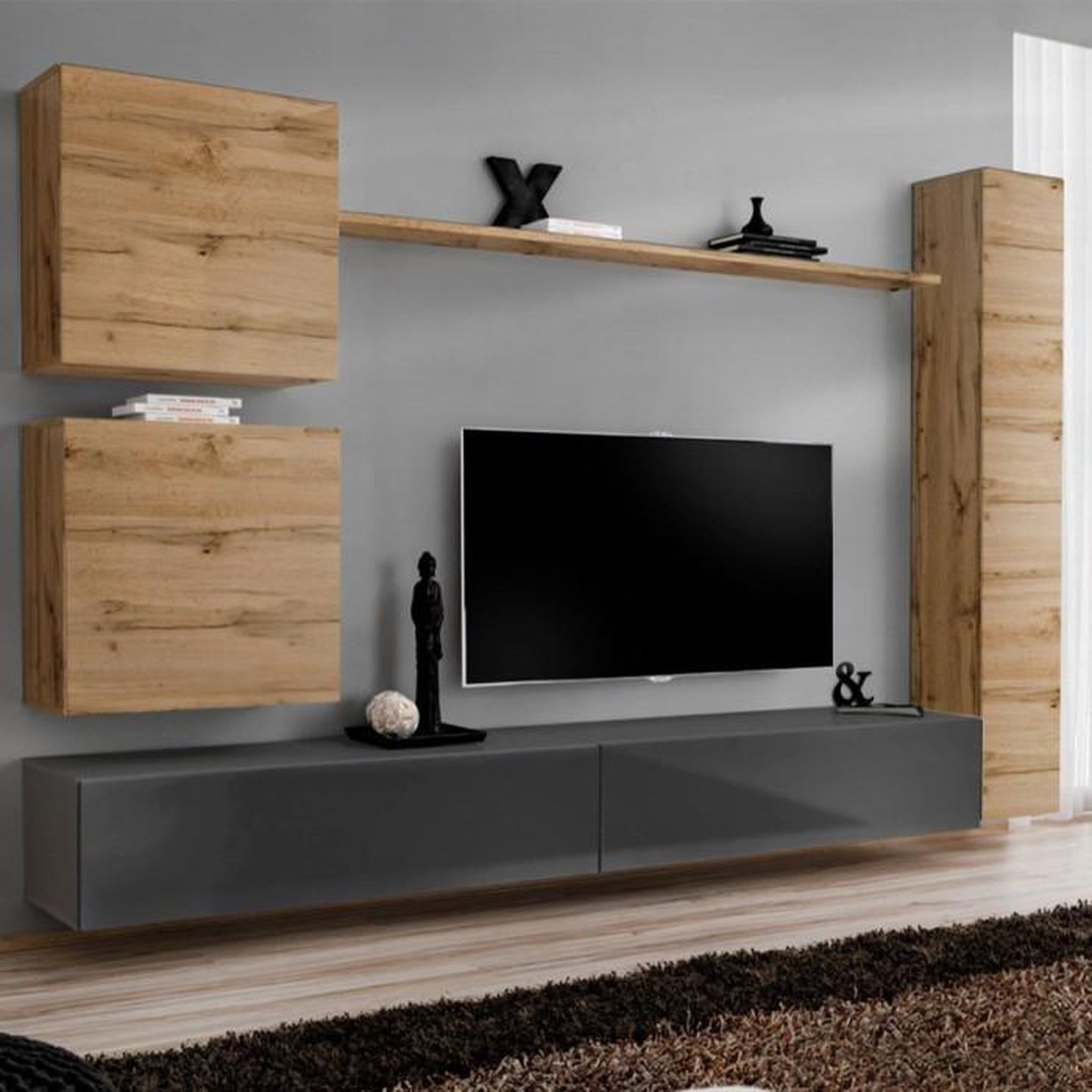 Voir la diapositive 1 : Paris Prix Meuble TV Mural Design  Switch VIII  280cm Naturel & Gris
