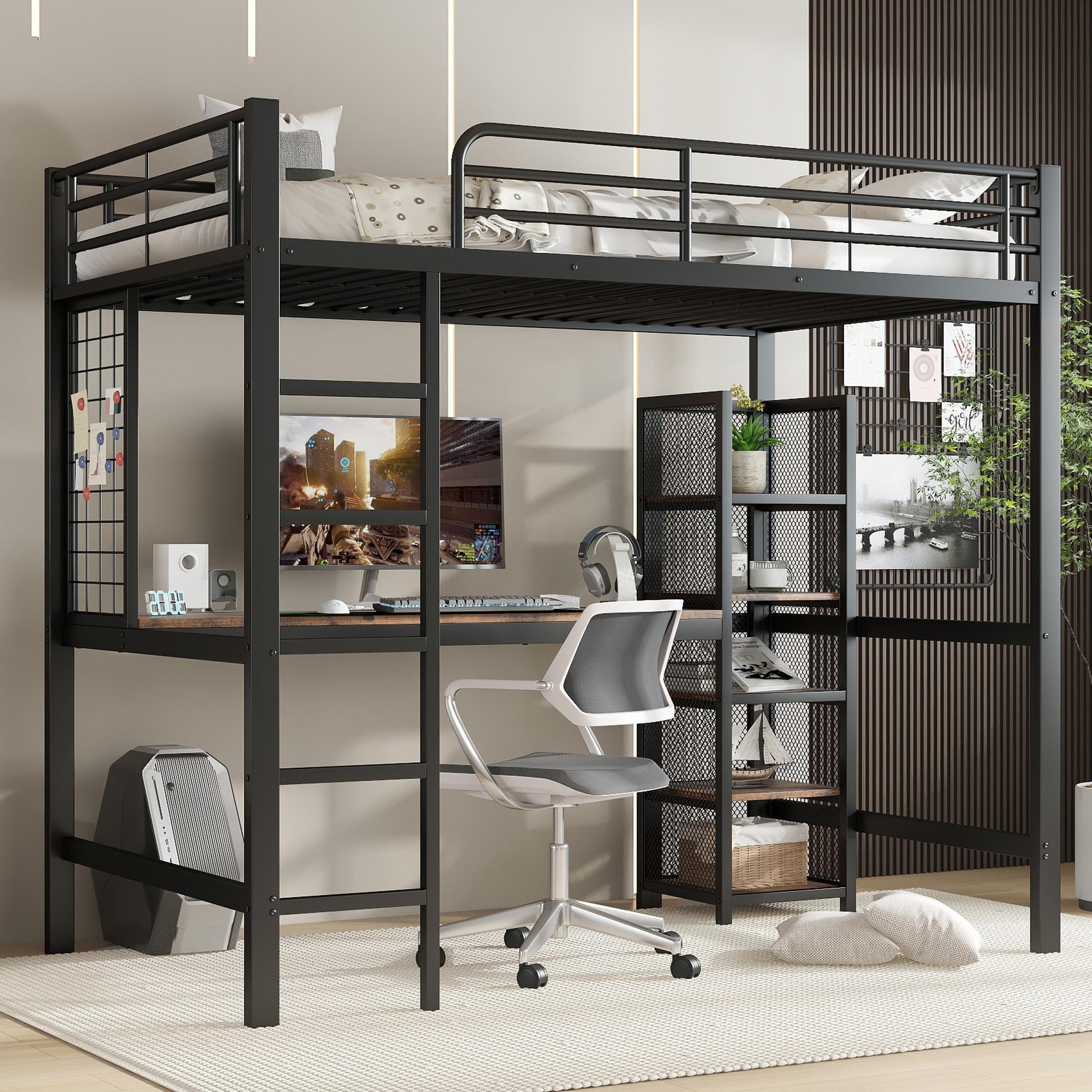 Voir la diapositive 4 : MERAX Lit mezzanine 90x200cm coloris noir métal et mdf