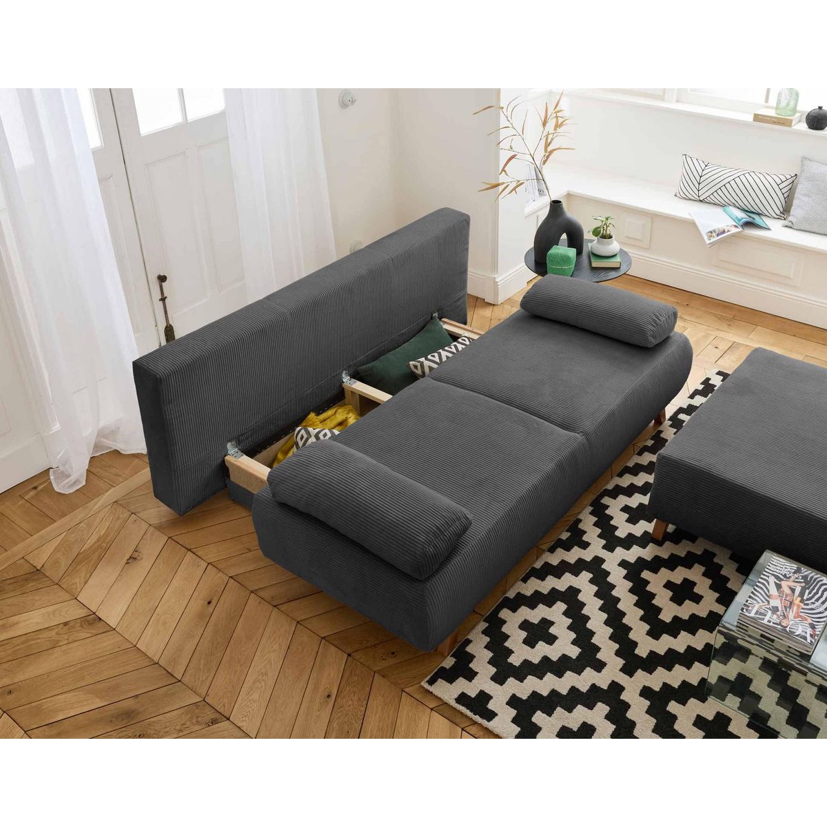 BEST MOBILIER Cristal - canapé 3 places - convertible avec coffre et grand pouf - en velours côtelé