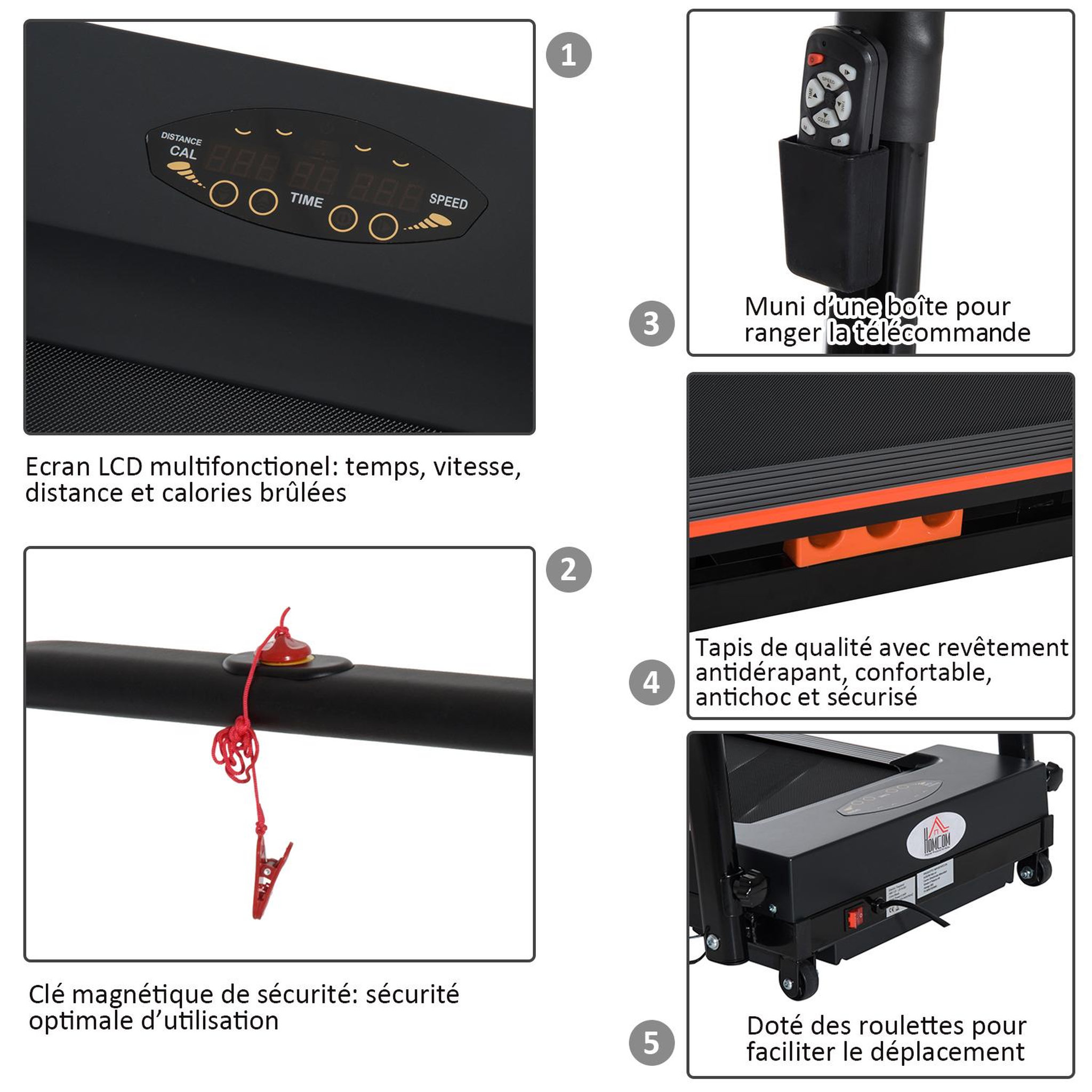 Voir la diapositive 3 : HOMCOM Tapis de course électrique de marche 370 W pliable télécommande écran LCD vitesse 1-6 Km/h acier noir