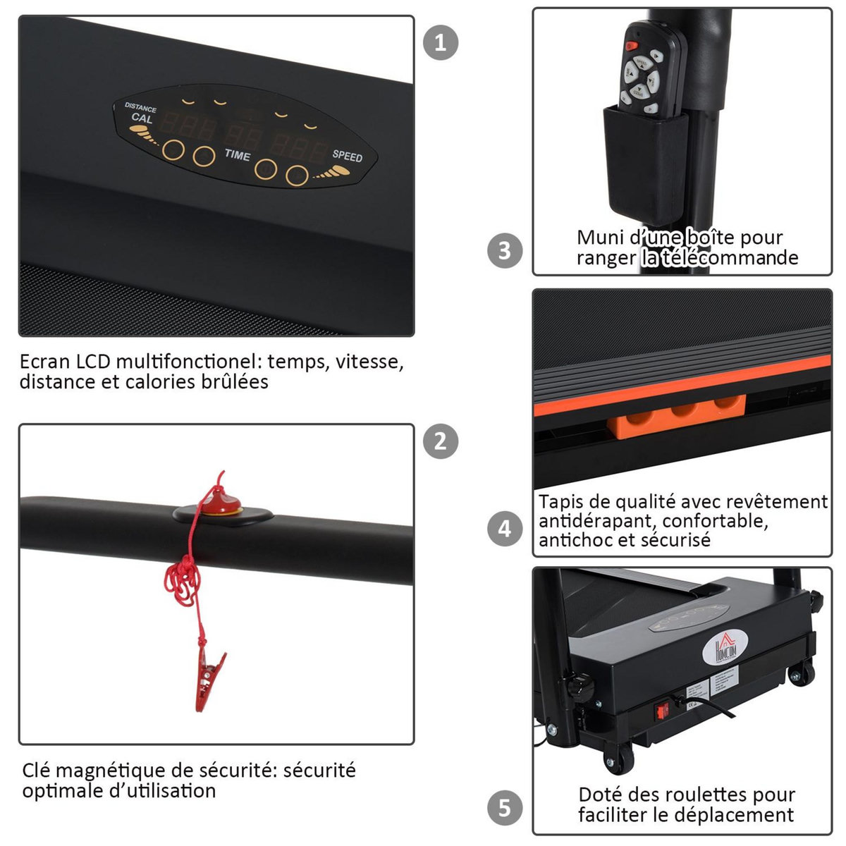 HOMCOM Tapis de course électrique de marche 370 W pliable télécommande écran LCD vitesse 1-6 Km/h acier noir