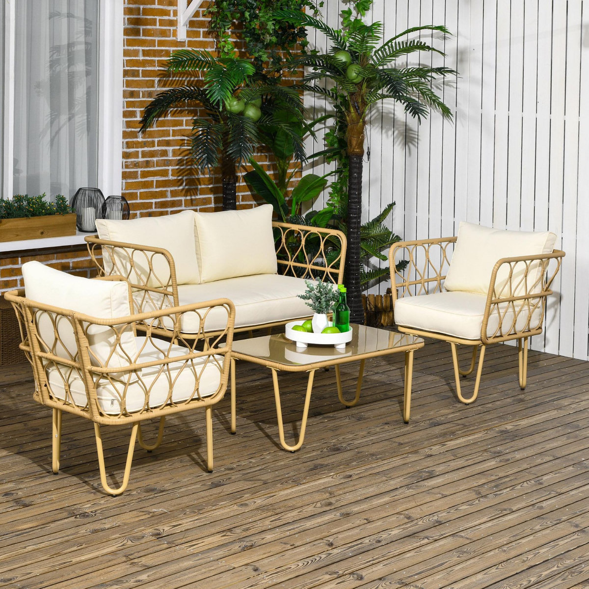 OUTSUNNY Salon de jardin 4 places 4 pièces style colonial résine tressée aspect rotin coussins écrus