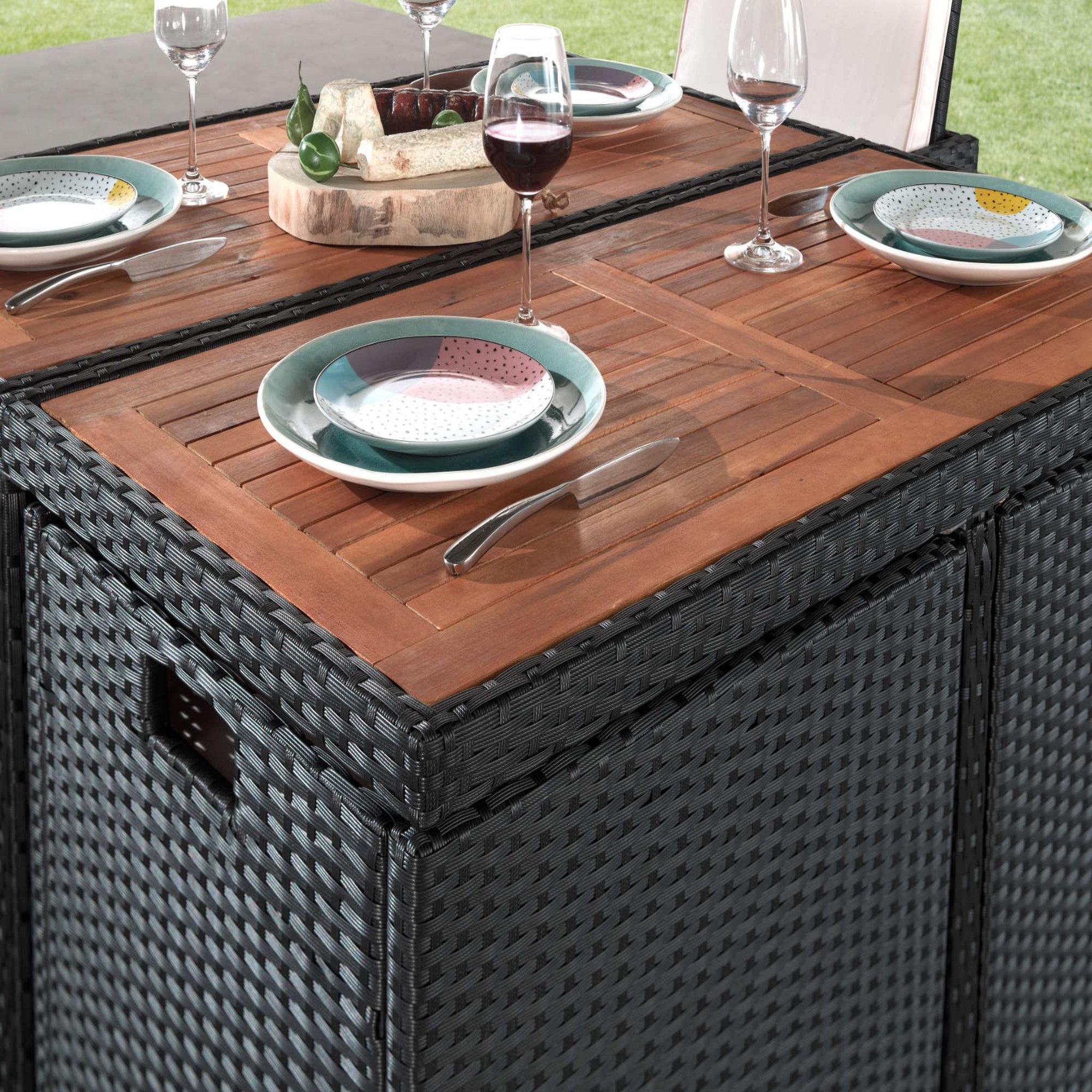 Voir la diapositive 6 : BEST MOBILIER Cuba - salon de jardin encastrable 8 places - en résine tressée - noir avec coussins gris + housse de protection