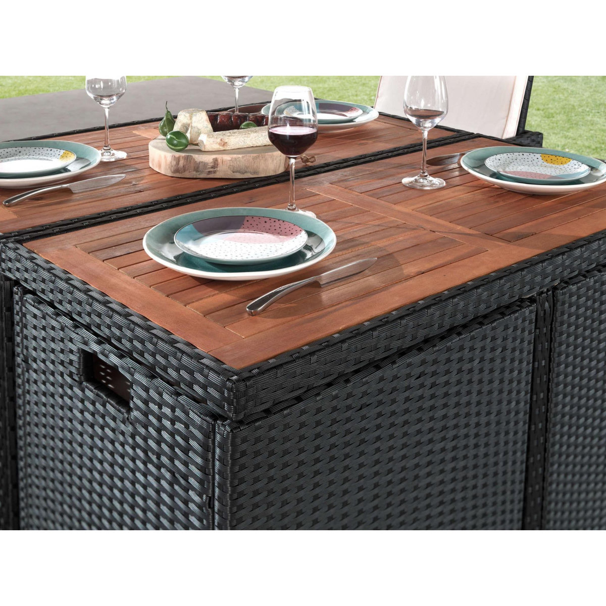 BEST MOBILIER Cuba - salon de jardin encastrable 8 places - en résine tressée - noir avec coussins gris + housse de protection