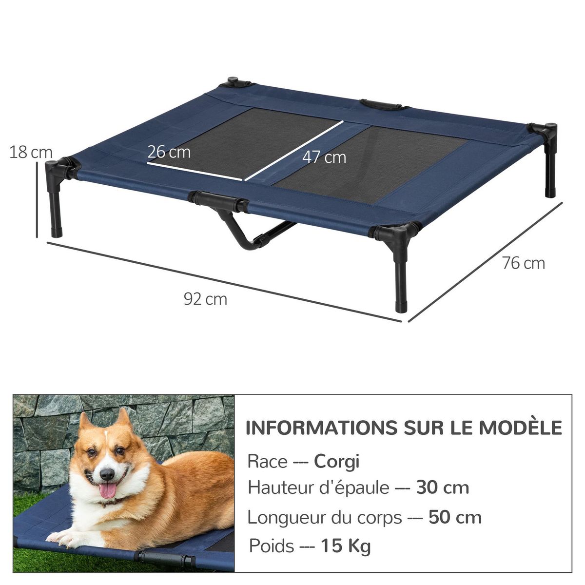 PAWHUT Lit sur pieds pour chien chat lit de camp animal lit surélevé Oxford textilène micro-perforé dim. 92L x 76l x 18H cm bleu