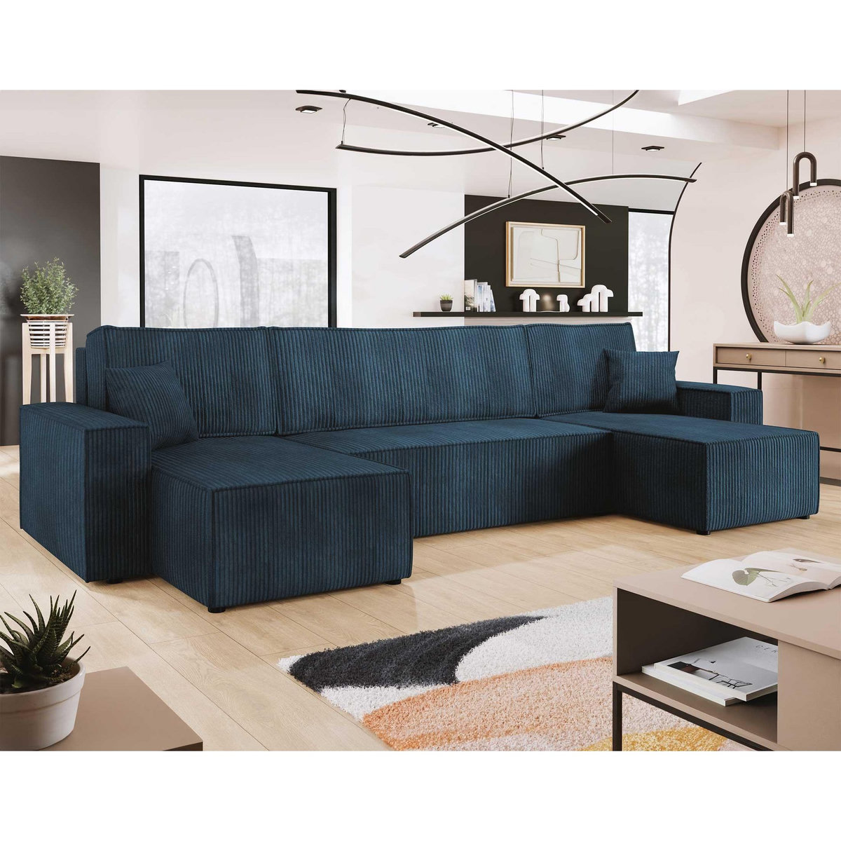 BEST MOBILIER Cezanne - canapé panoramique en u - 7 places - convertible avec coffre - en velours côtelé