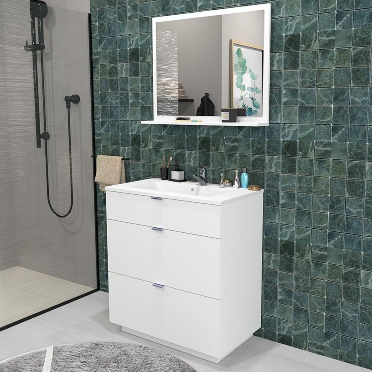 Ensemble de salle de bain meuble sous vasque 2 tiroirs + vasque + miroir FARO