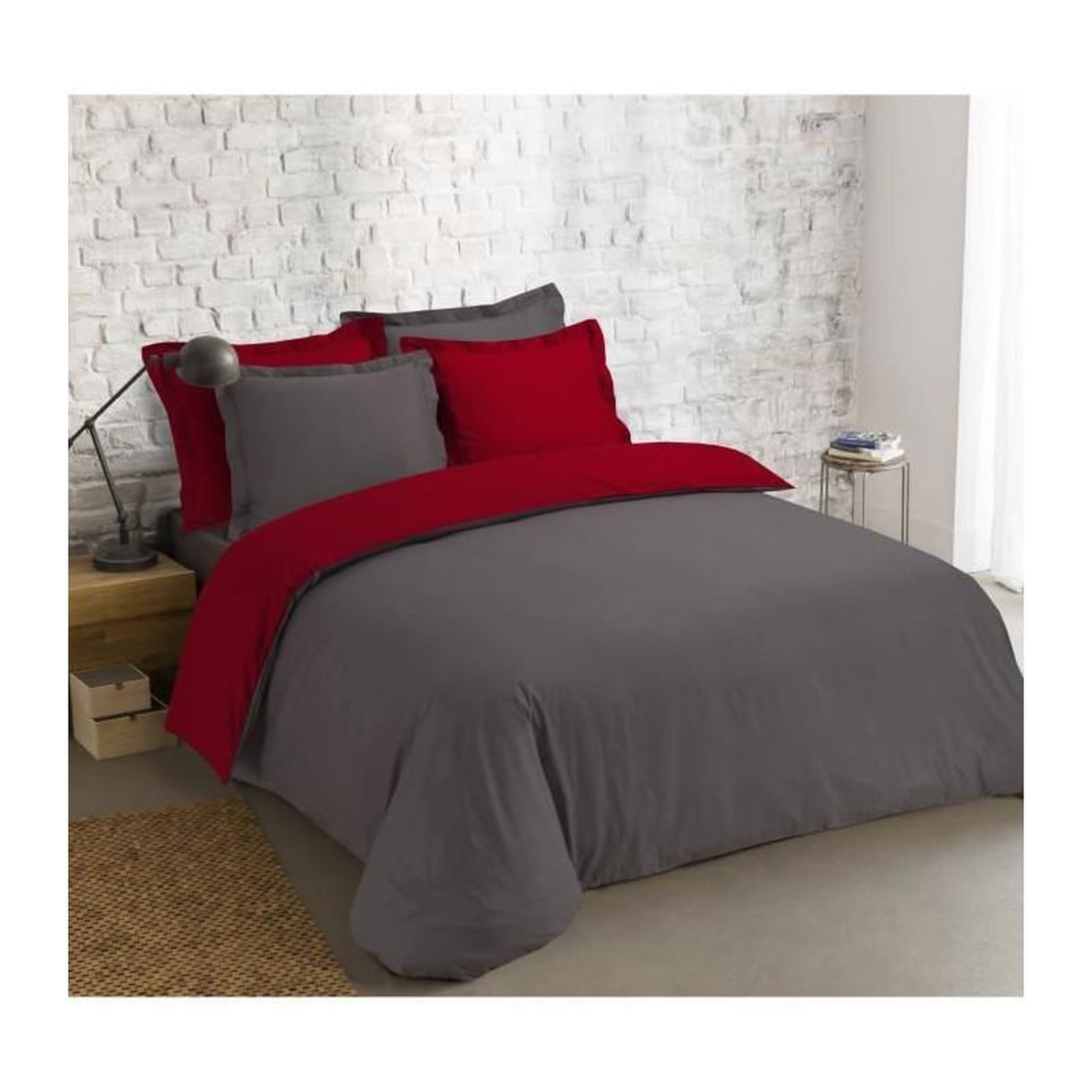 VISION VISION - Bicolore - Housse de couette Réversible 260x240cm avec 2 taies 65x65cm - Anthracite/rouge - 100% coton