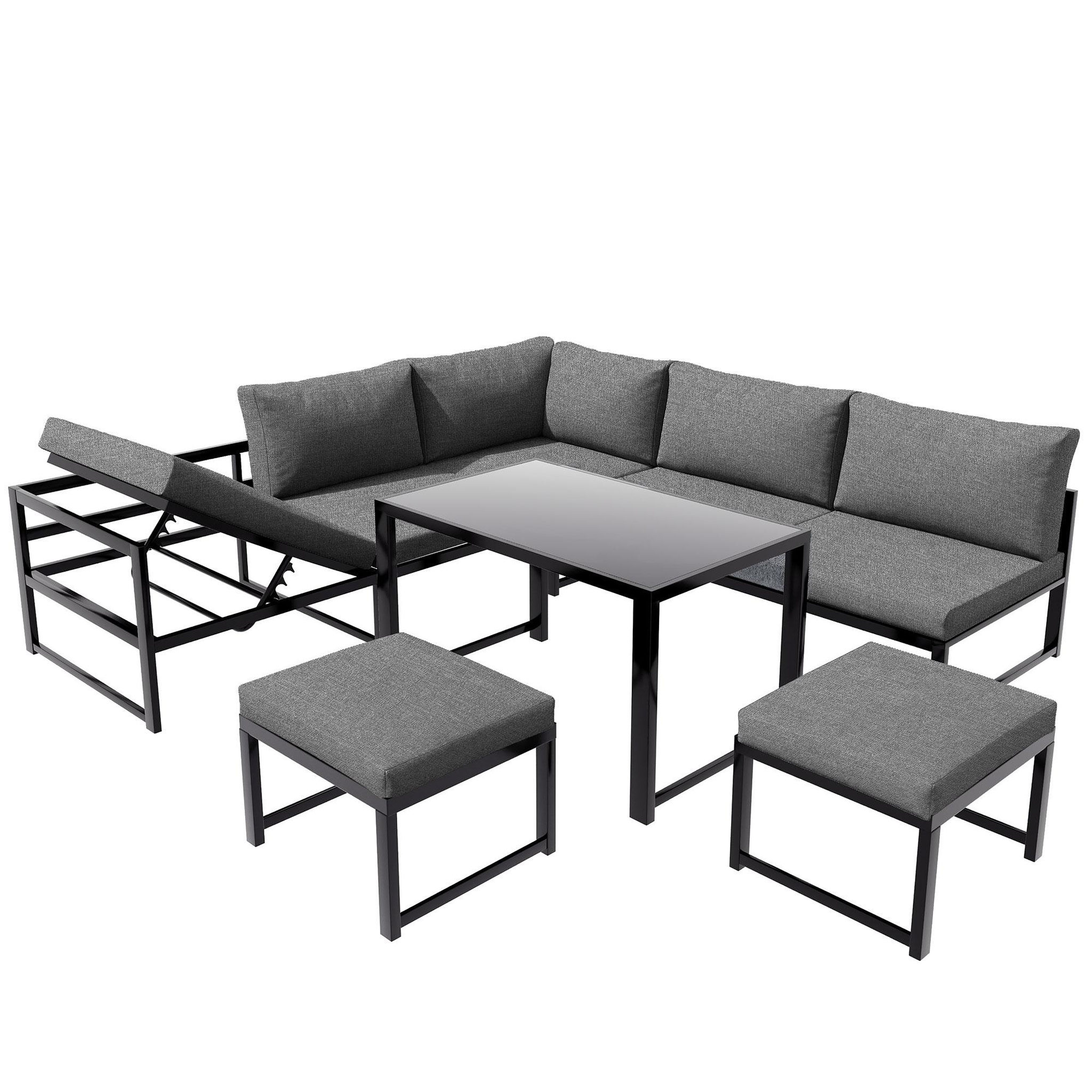 Voir la diapositive 1 : MERAX Salon de jardin 7 places en aluminium avec 1 canapé 3p, 1 canapé 2p, 2 poufs, table, coussins, gris