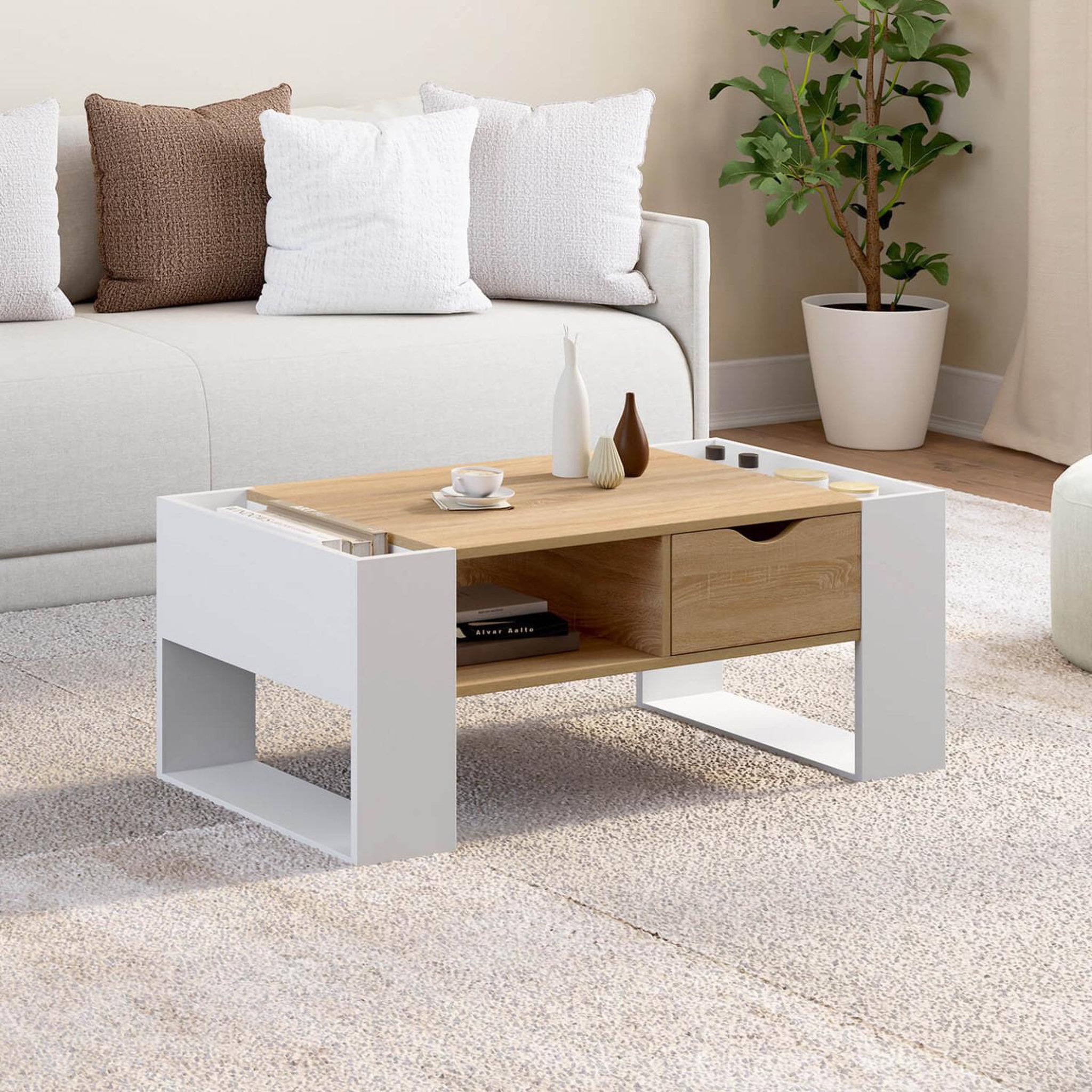 Voir la diapositive 2 : ID MARKET Table basse rectangulaire beryl avec tiroir bois blanc et façon hêtre