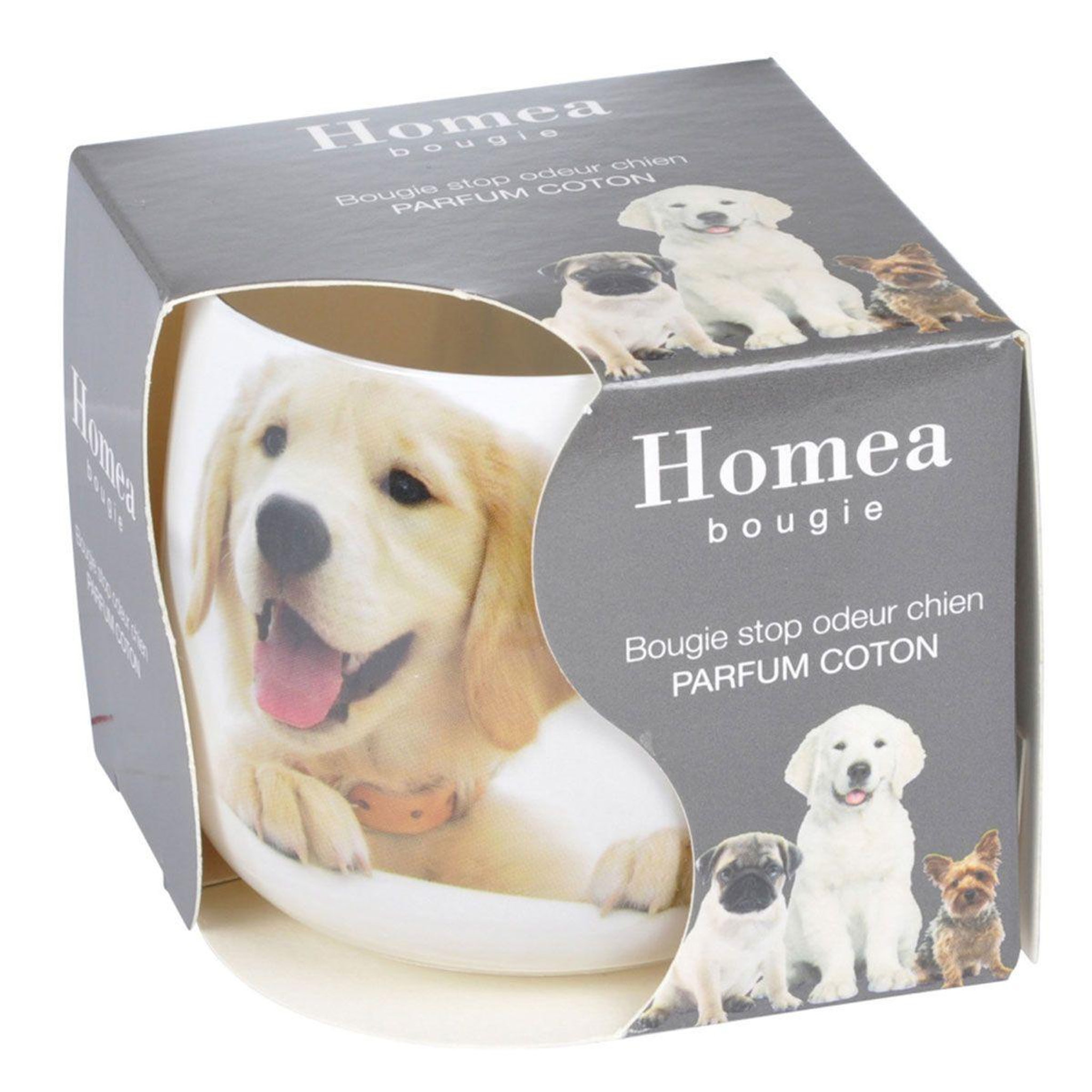 Voir la diapositive 2 : HOMEA Bougie anti-odeurs  chien  8cm blanc