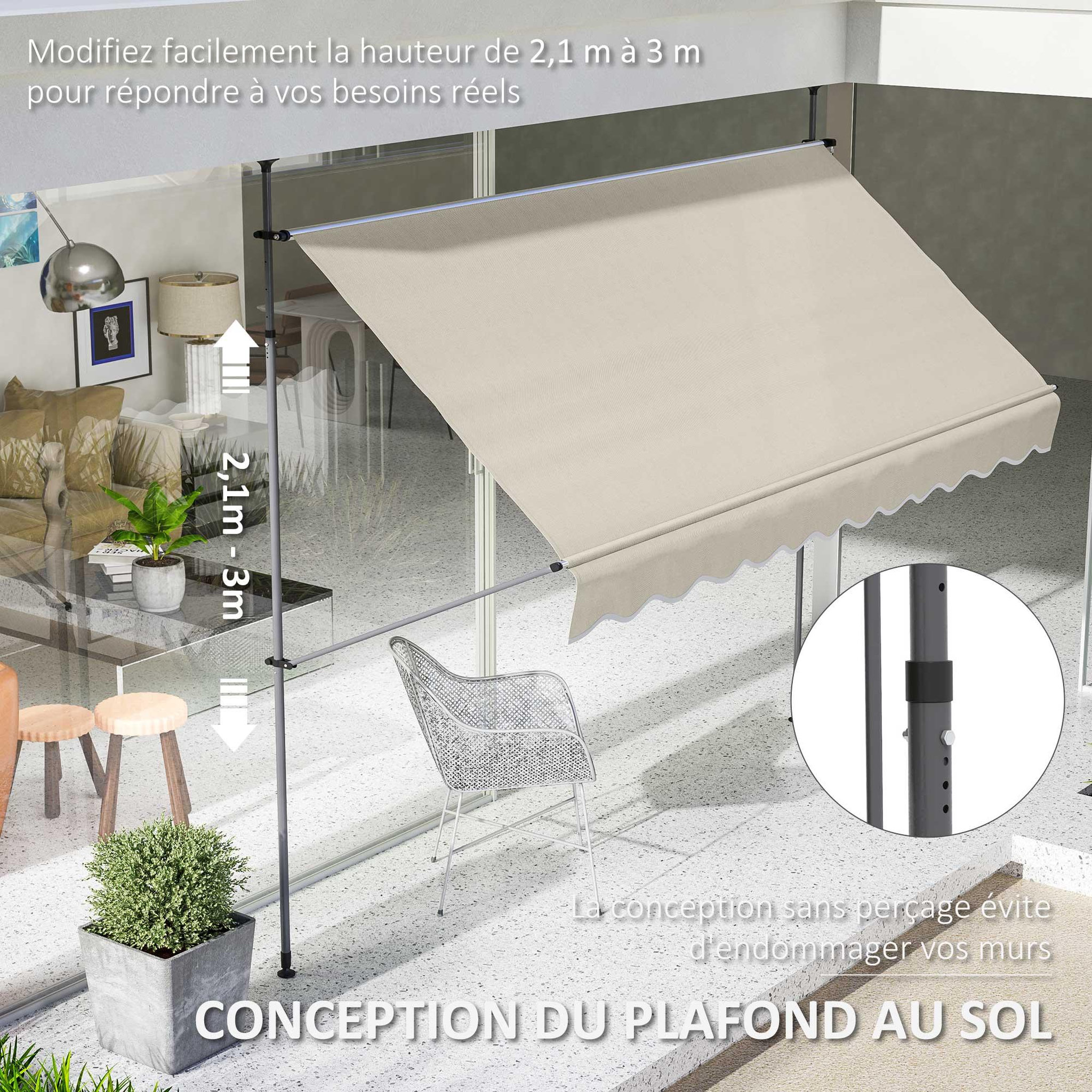 Voir la diapositive 3 : OUTSUNNY Store banne autoportant manuel inclinable rétractable 3 x 1,2(avancée) x 2,1-3H.m aucun perçage sable