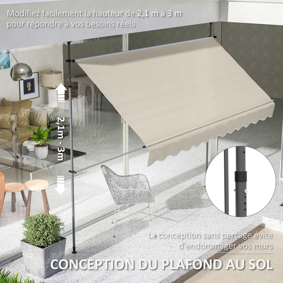 OUTSUNNY Store banne autoportant manuel inclinable rétractable 3 x 1,2(avancée) x 2,1-3H.m aucun perçage sable