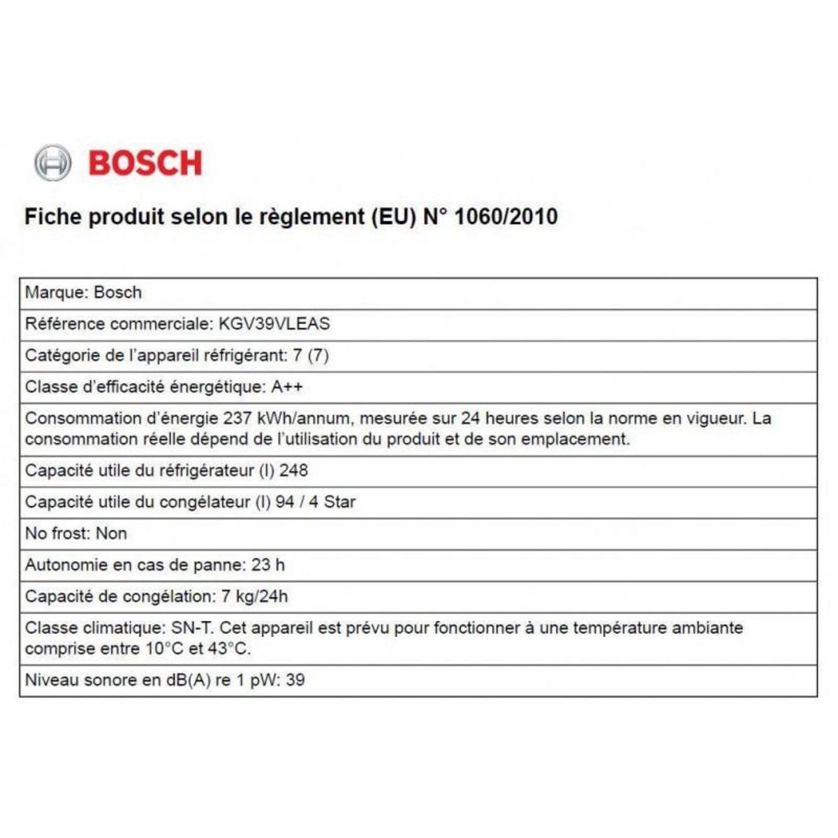BOSCH Réfrigérateur combiné 60cm 342l lowfrost inox - kgv39vleas