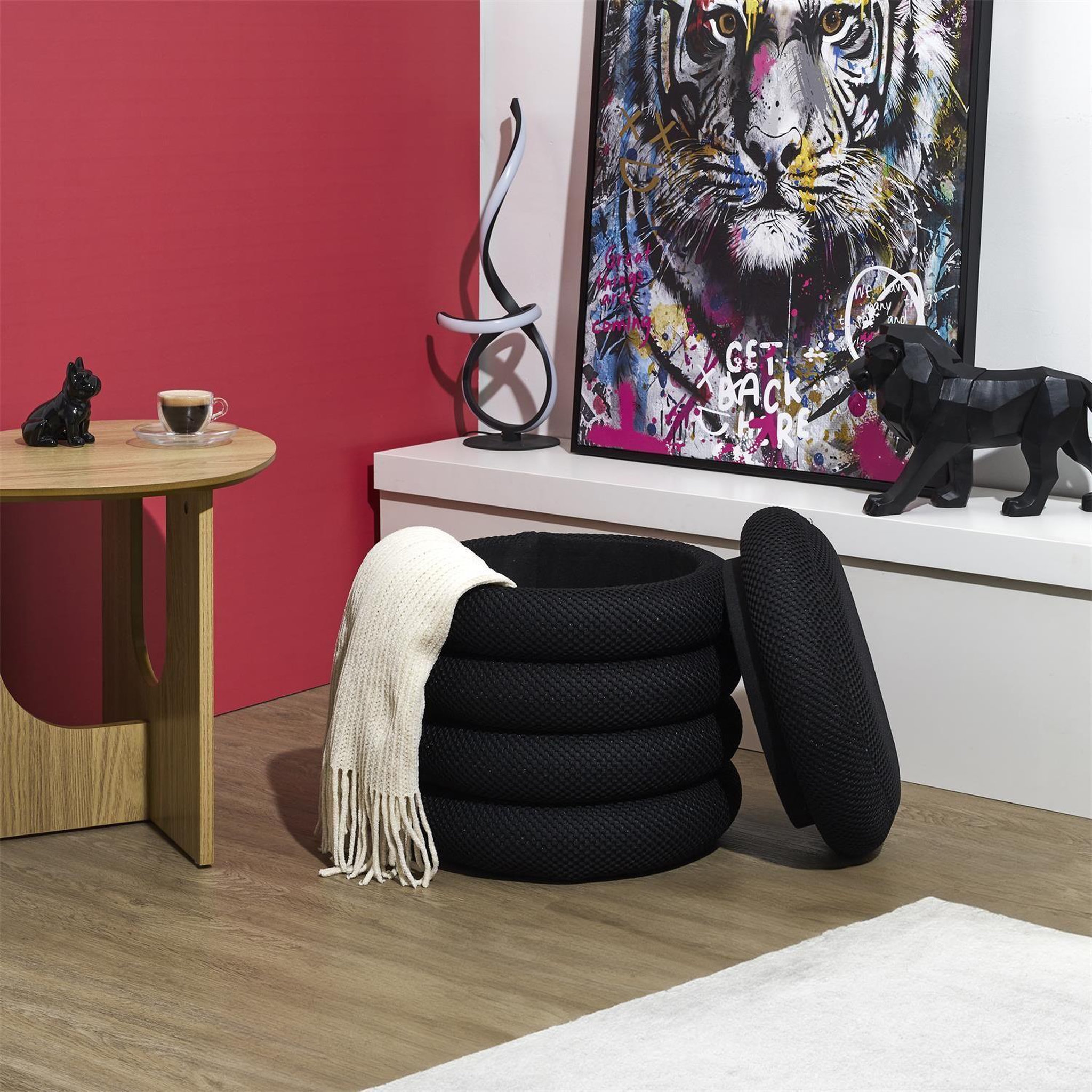 Voir la diapositive 6 : The Home Deco Factory Pouf de rangement maille nid d'abeille atome - noir