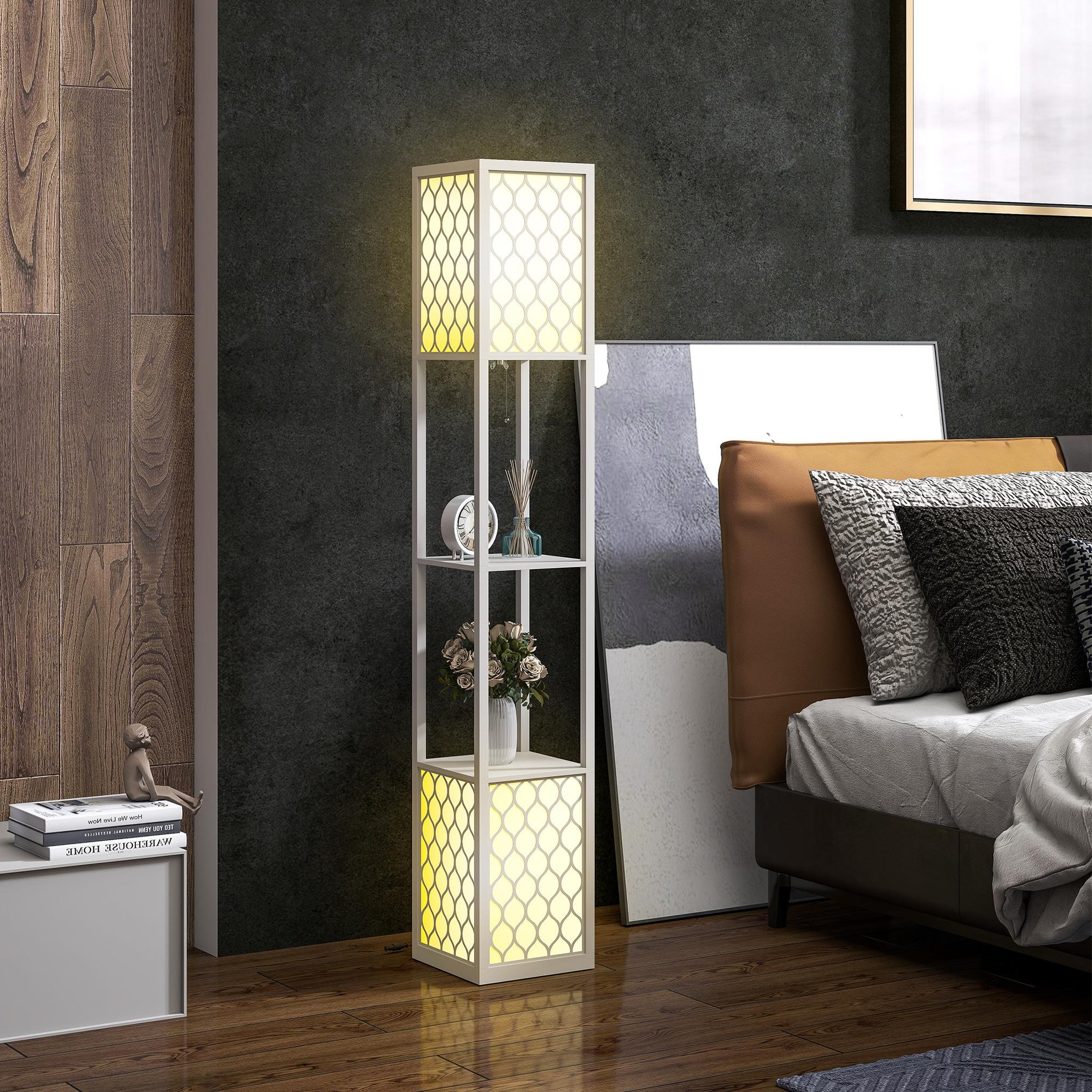 Voir la diapositive 2 : HOMCOM Lampadaire étagère lampe étagère dim. 26l x 26l x 156h cm 2 étagères mdf motif nid d'abeille gris clair