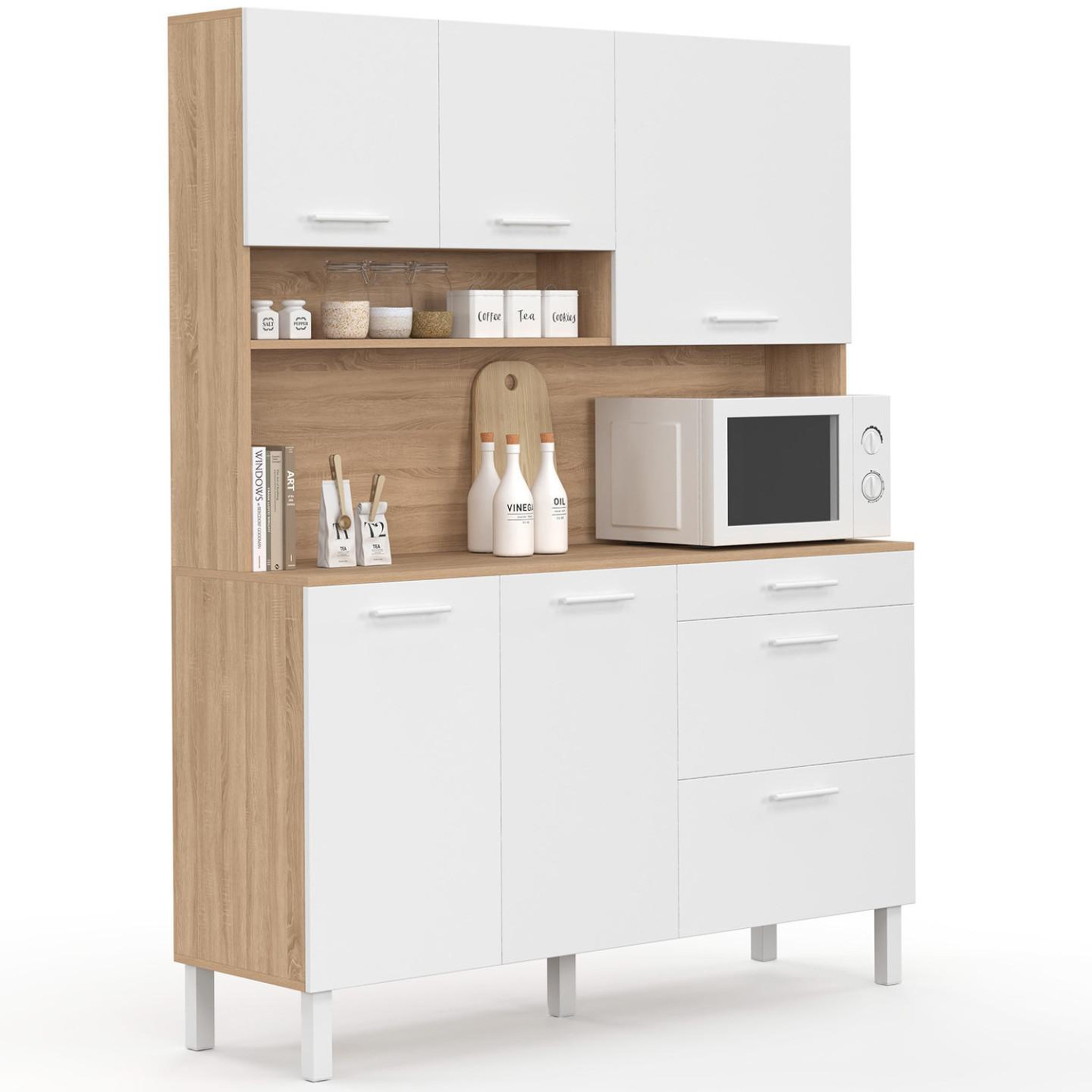 ID MARKET Buffet casserolier de cuisine 140 cm cina 5 portes + 3 tiroirs façon hêtre et blanc