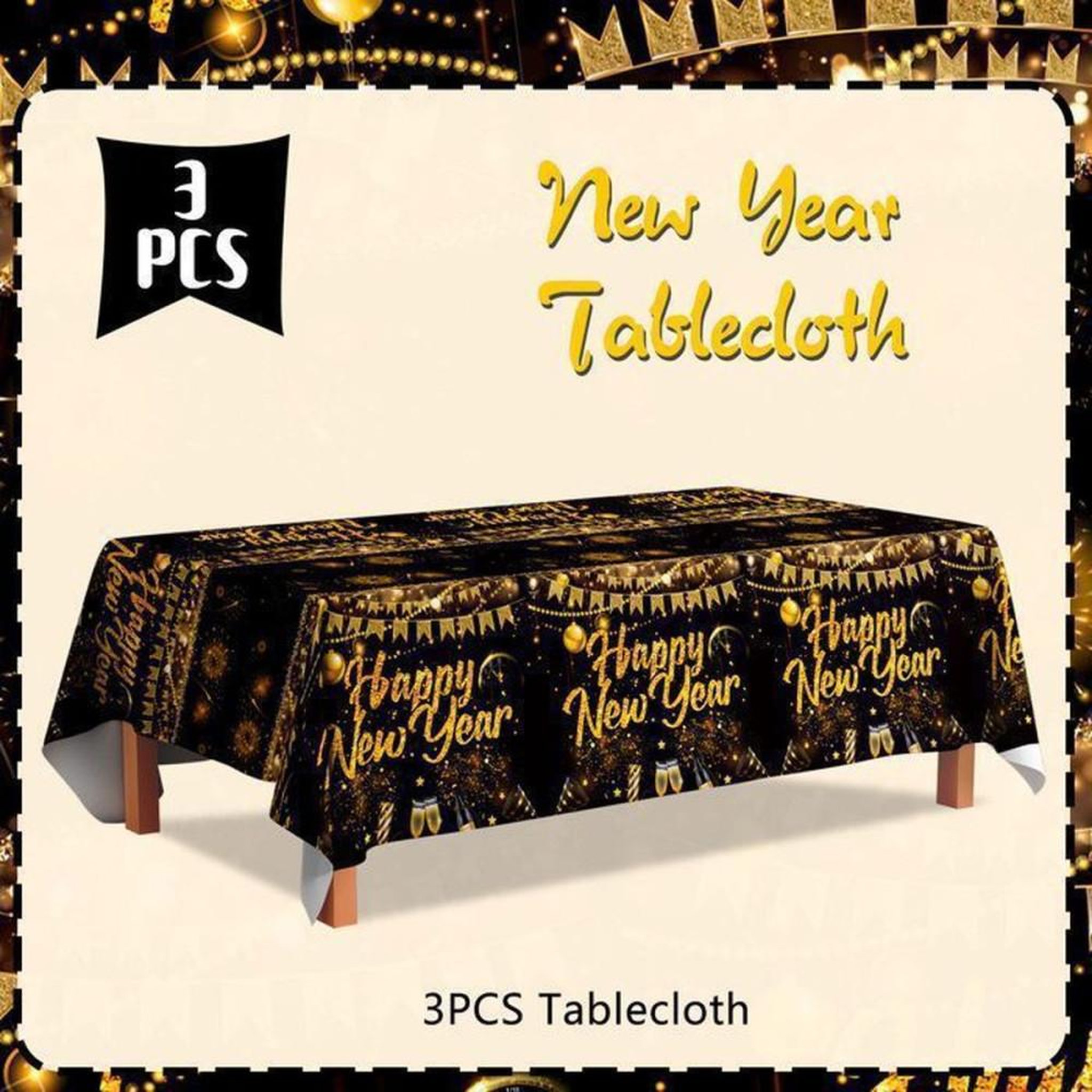 Voir la diapositive 2 : Set de 3 nappes rectangulaires Nouvel An 137x274 cm noir et or, décoration paillettes