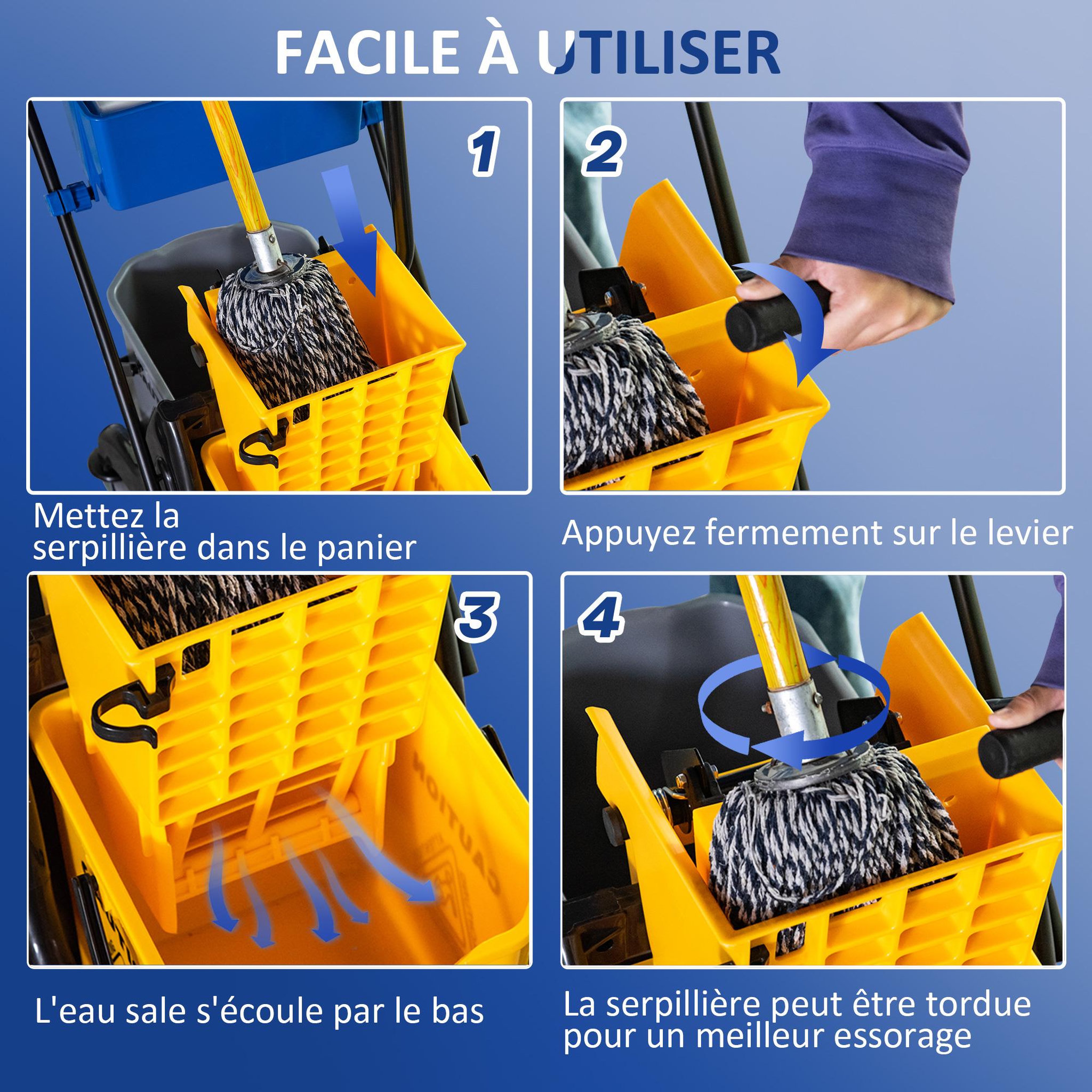 Voir la diapositive 6 : HOMCOM Chariot de lavage chariot de nettoyage professionnel presse à mâchoire 2 seaux + rangement jaune bleu