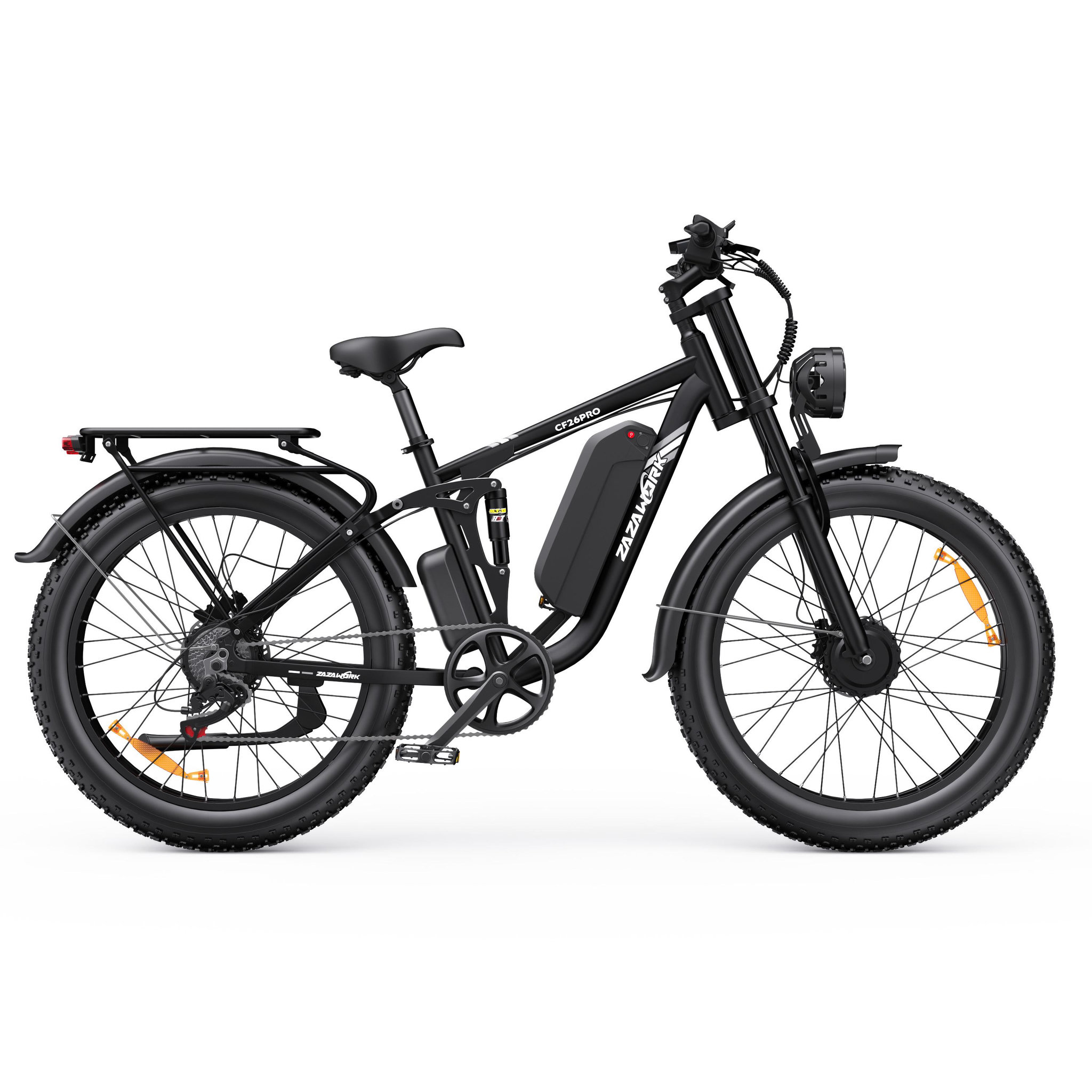 Voir la diapositive 2 : ZAZAWORK Vélo électrique ZAZAWORK CF26 PRO 26  à gros pneus et suspension intégrale, noir