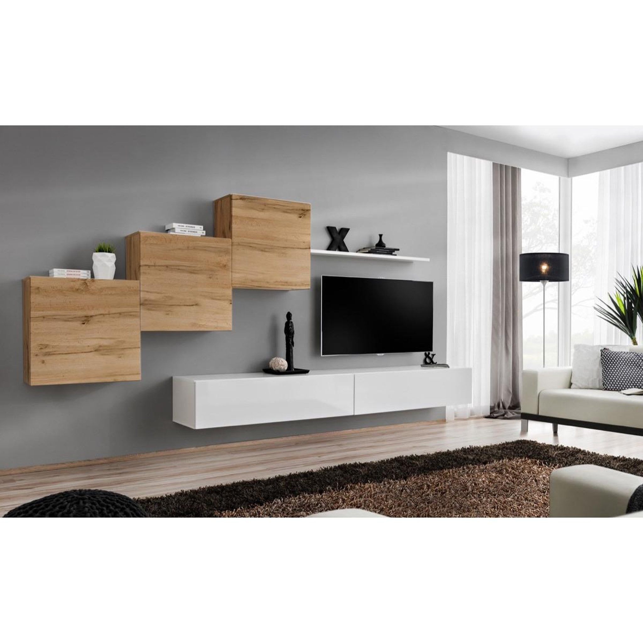 Voir la diapositive 2 : Paris Prix Meuble tv mural design  switch x  330cm naturel & blanc