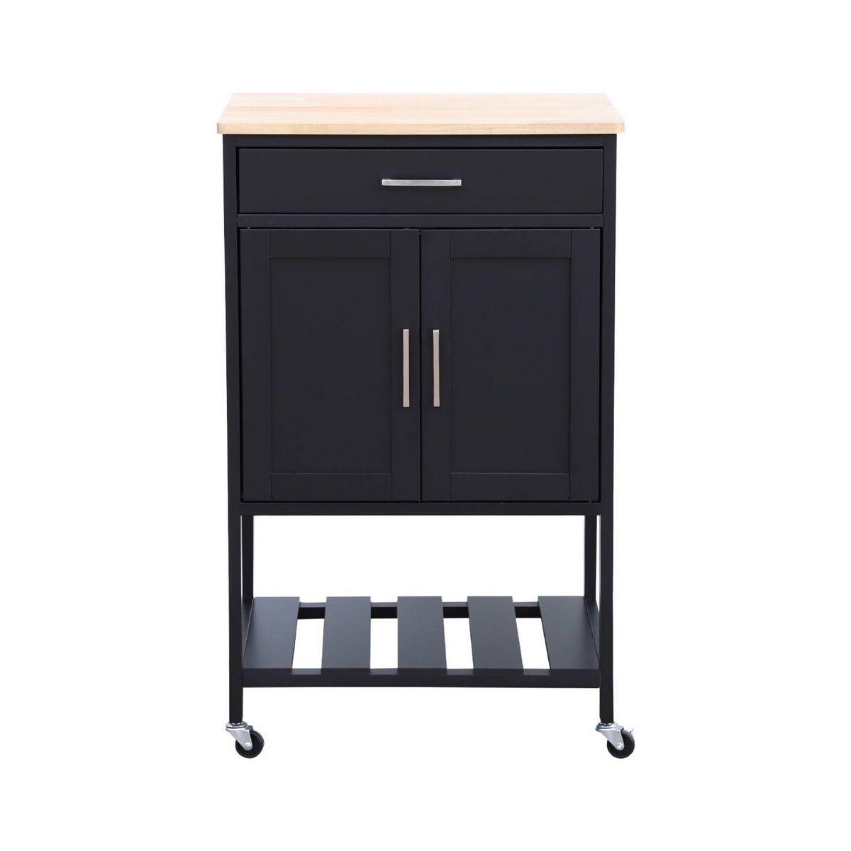 SWEEEK Desserte de cuisine BENDOR plateau en bois d'hévéa, 56 x 46 x 90 cm, 4 roues, 1 tiroir, 2 étagère, 1 double porte, style contemporain