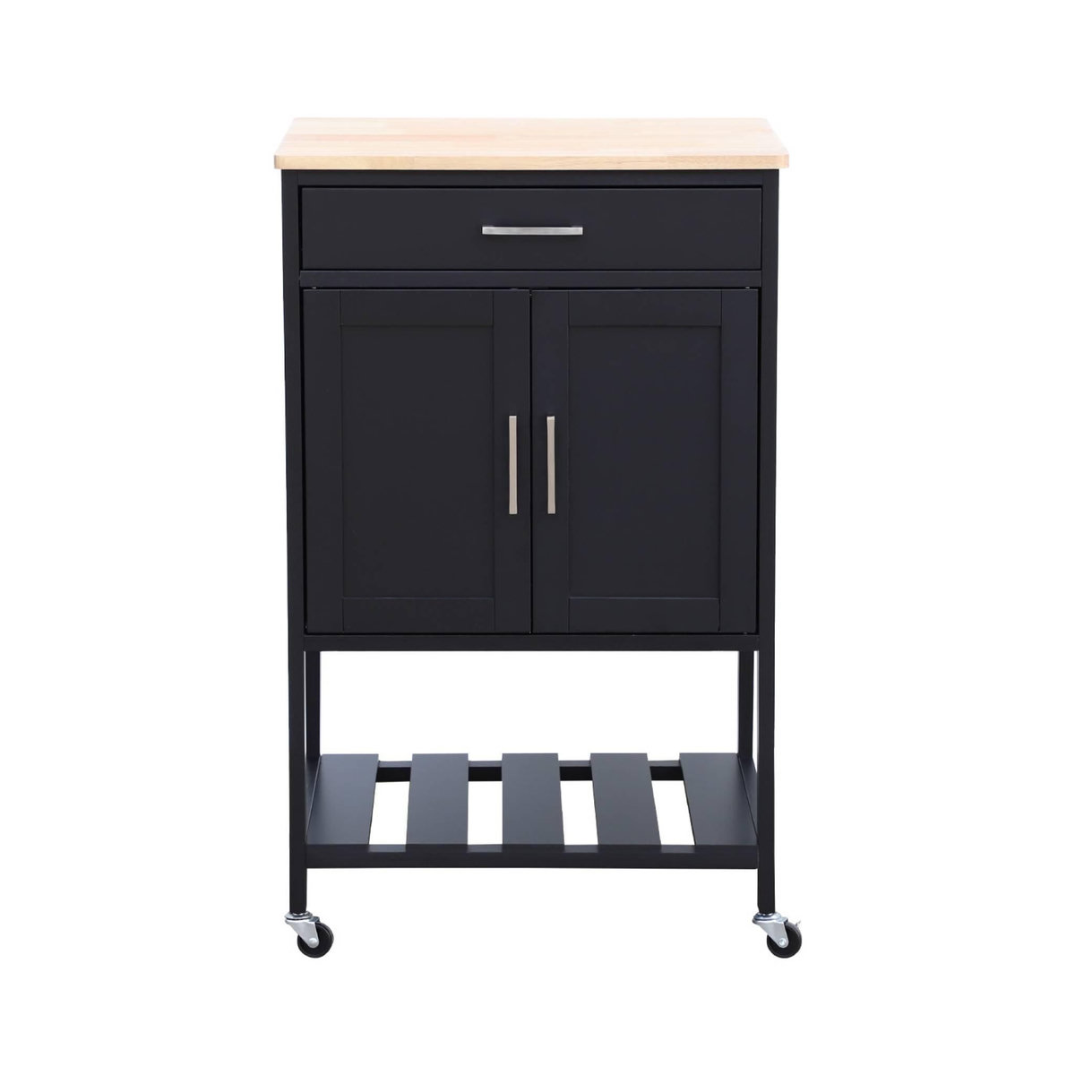 SWEEEK Desserte de cuisine BENDOR plateau en bois d'hévéa, 56 x 46 x 90 cm, 4 roues, 1 tiroir, 2 étagère, 1 double porte, style contemporain