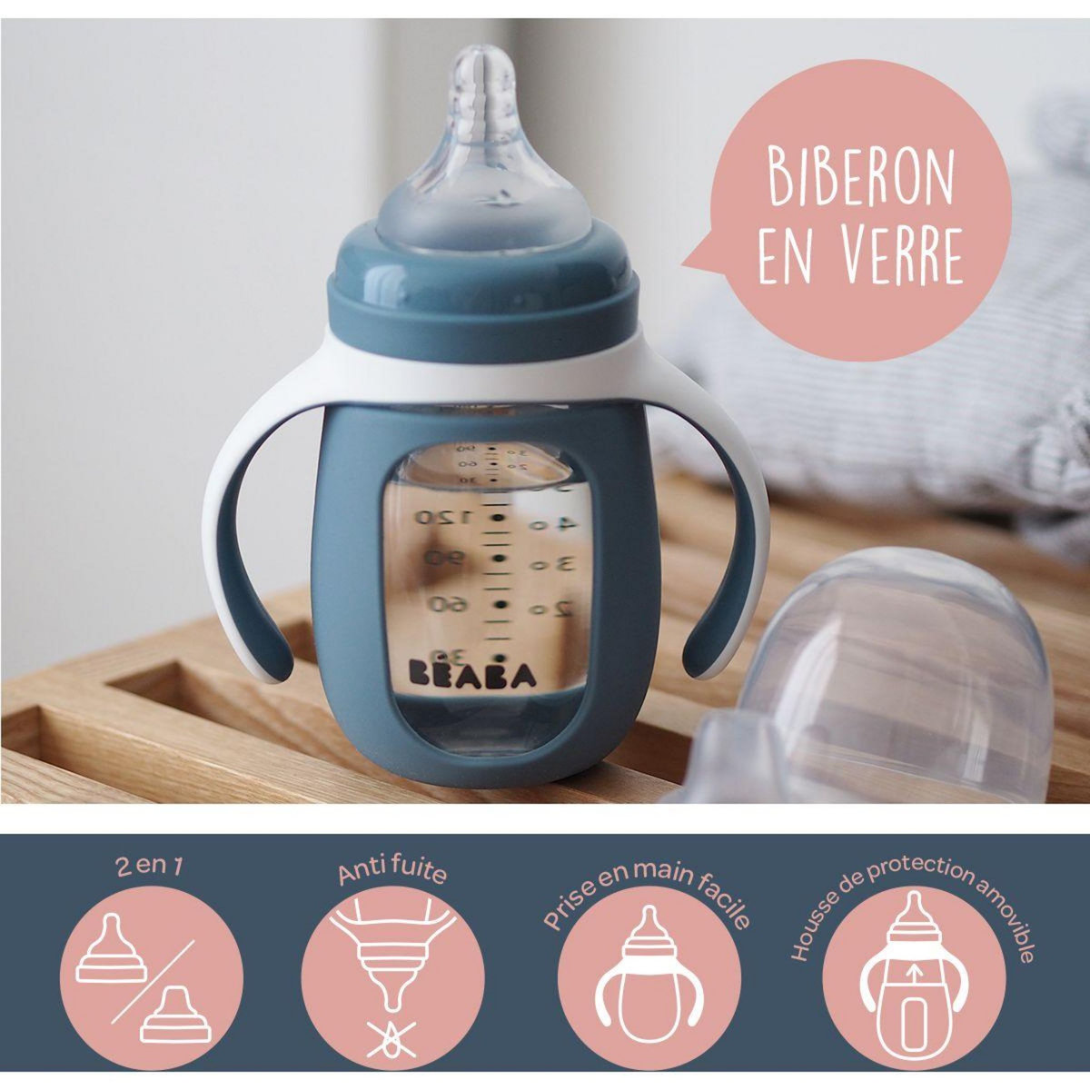 BEABA Tasse verre d apprentissage 2 en 1 210 ml