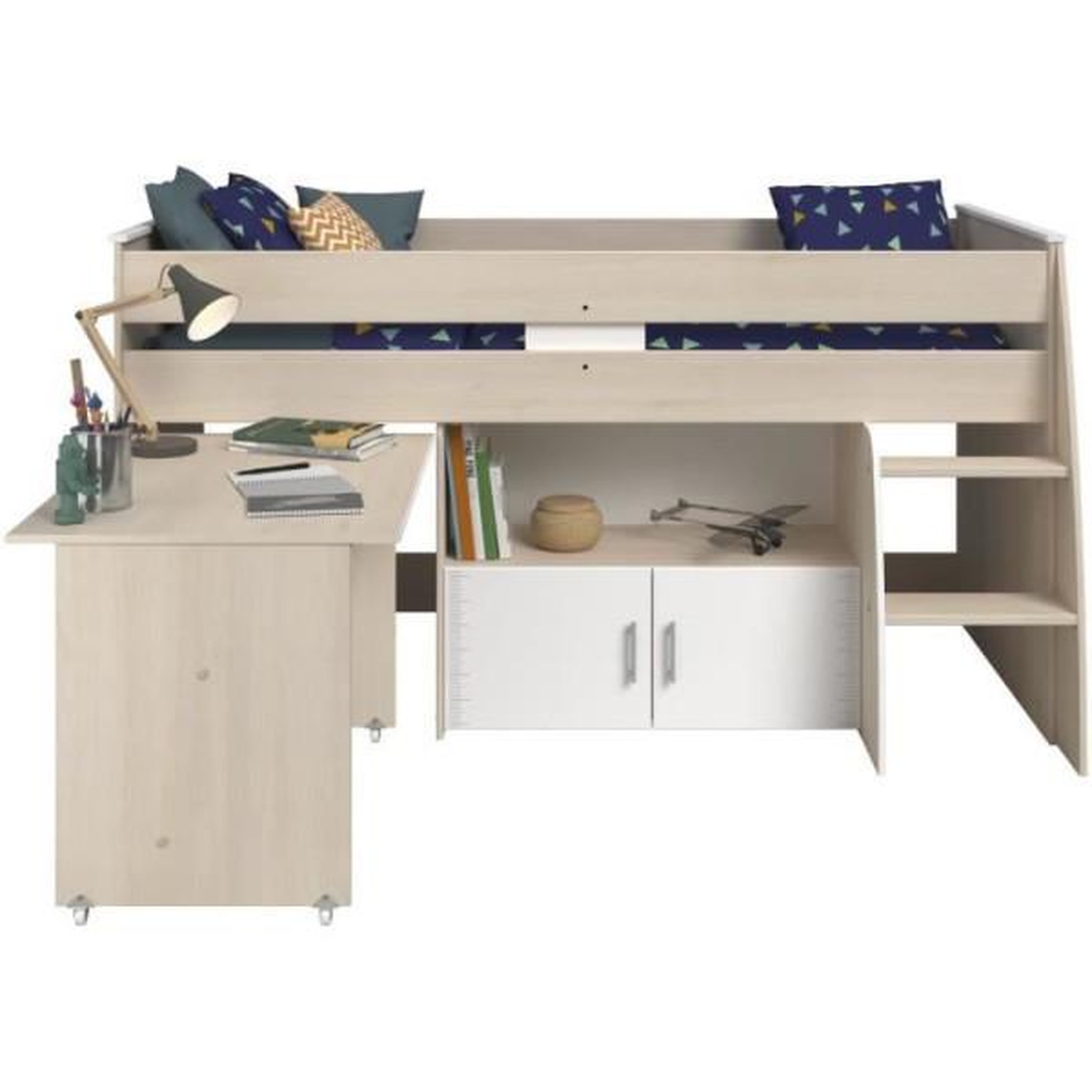 Voir la diapositive 6 : PARISOT Lit combiné enfant Parisot ZOLA 90x200 cm - 2 portes - Avec bureau - Décor acacia clair et blanc