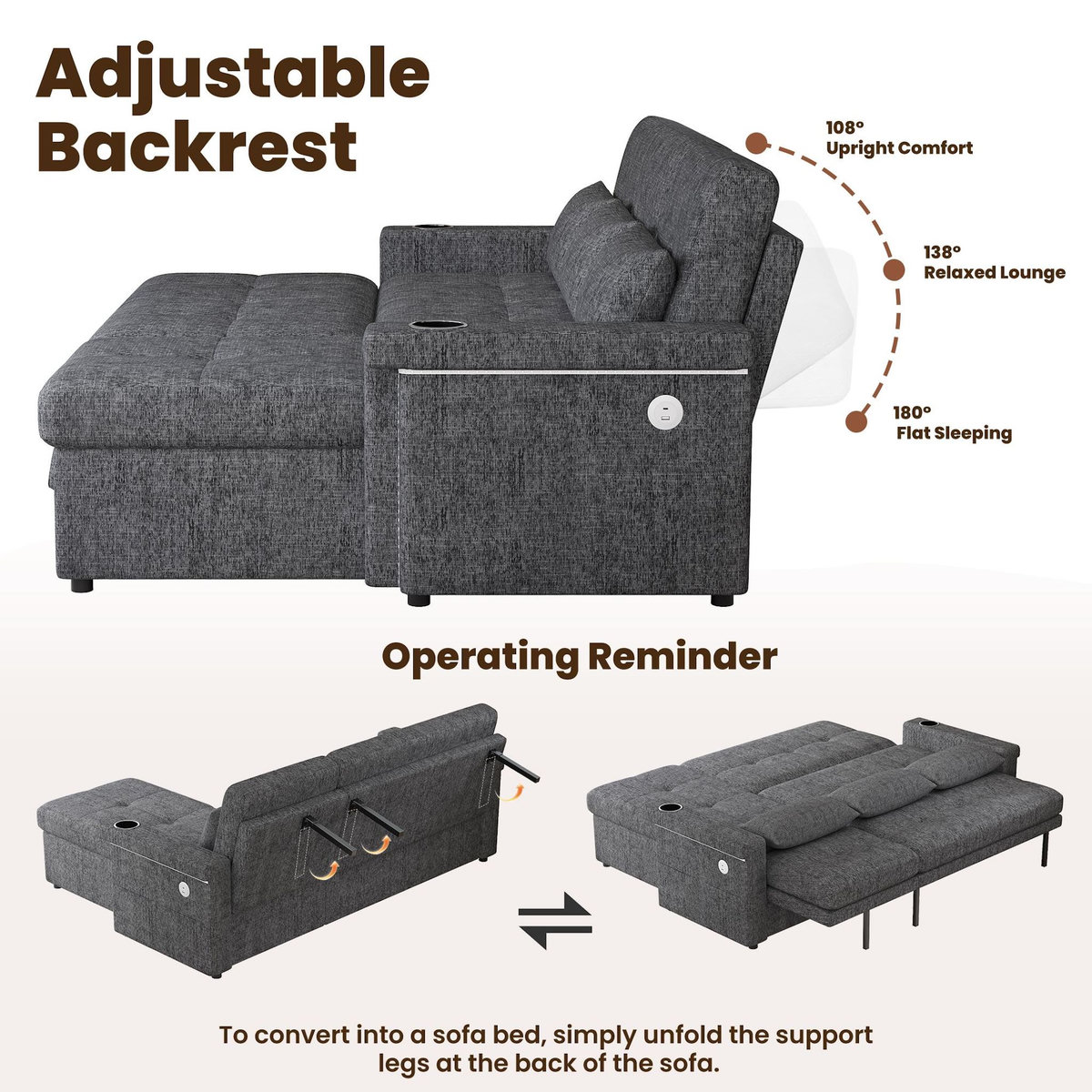 MERAX Canapé d'angle réversible convertible 3 places tissu led coffre de rangement