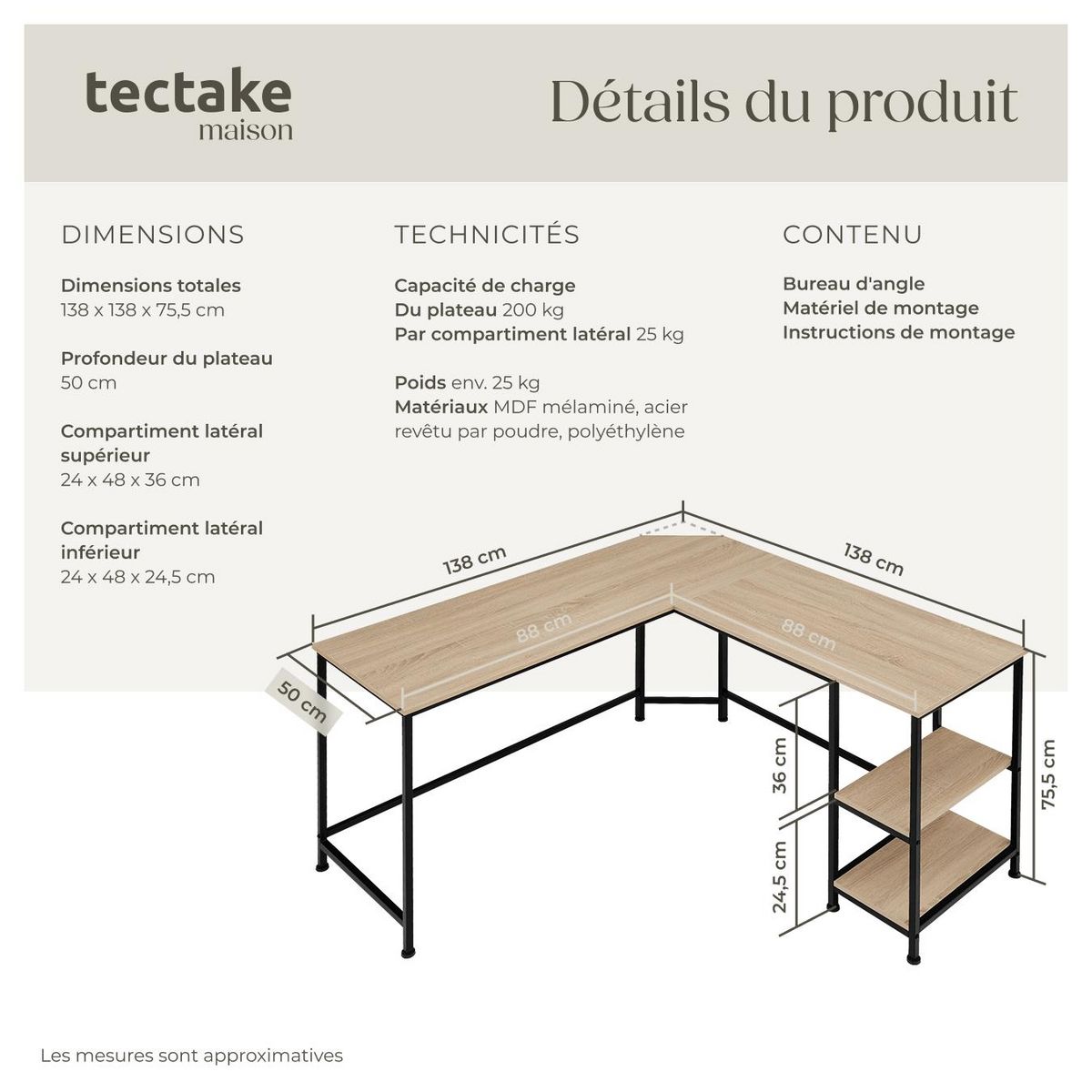 tectake Bureau Style industriel Étagère latérale avec 2 compartiments de stockage