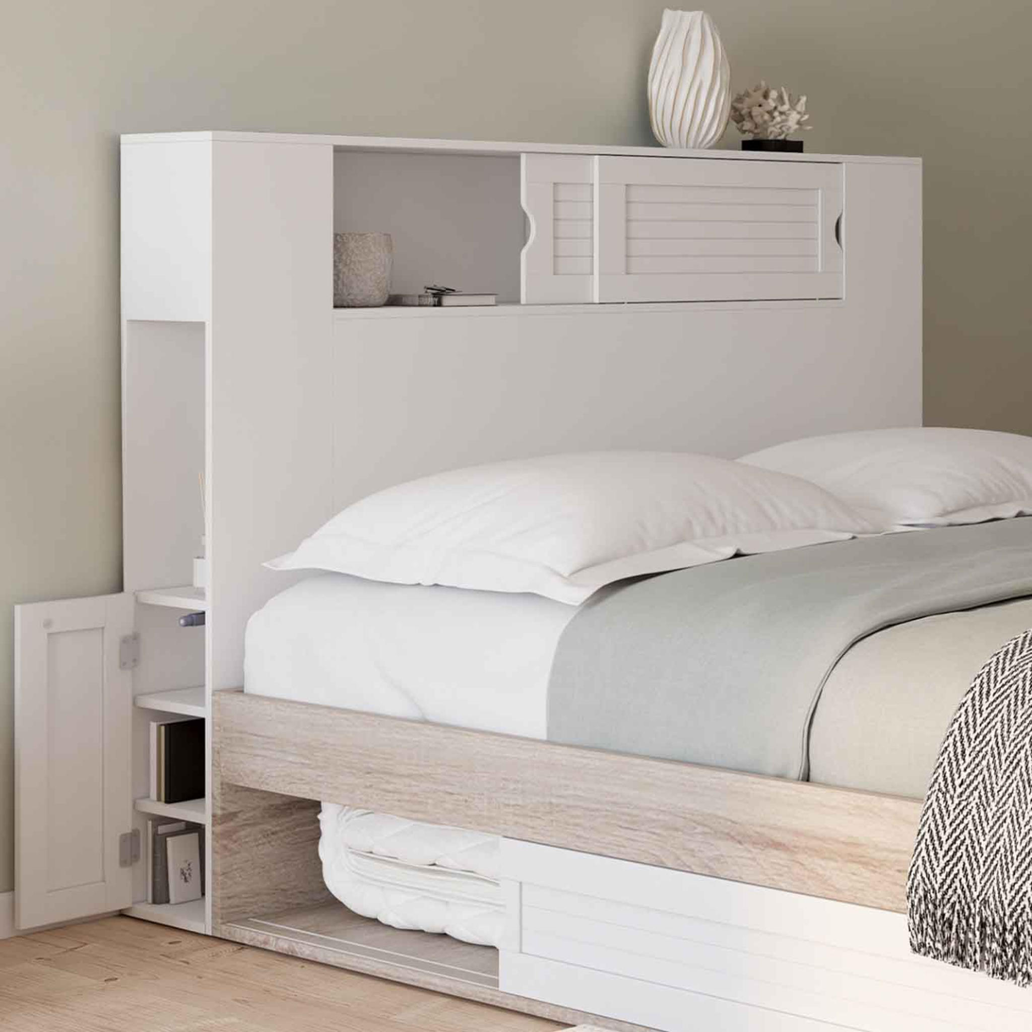 Voir la diapositive 2 : ID MARKET Tête de lit sur pied salem 145 cm avec rangements fermés et niches blanc