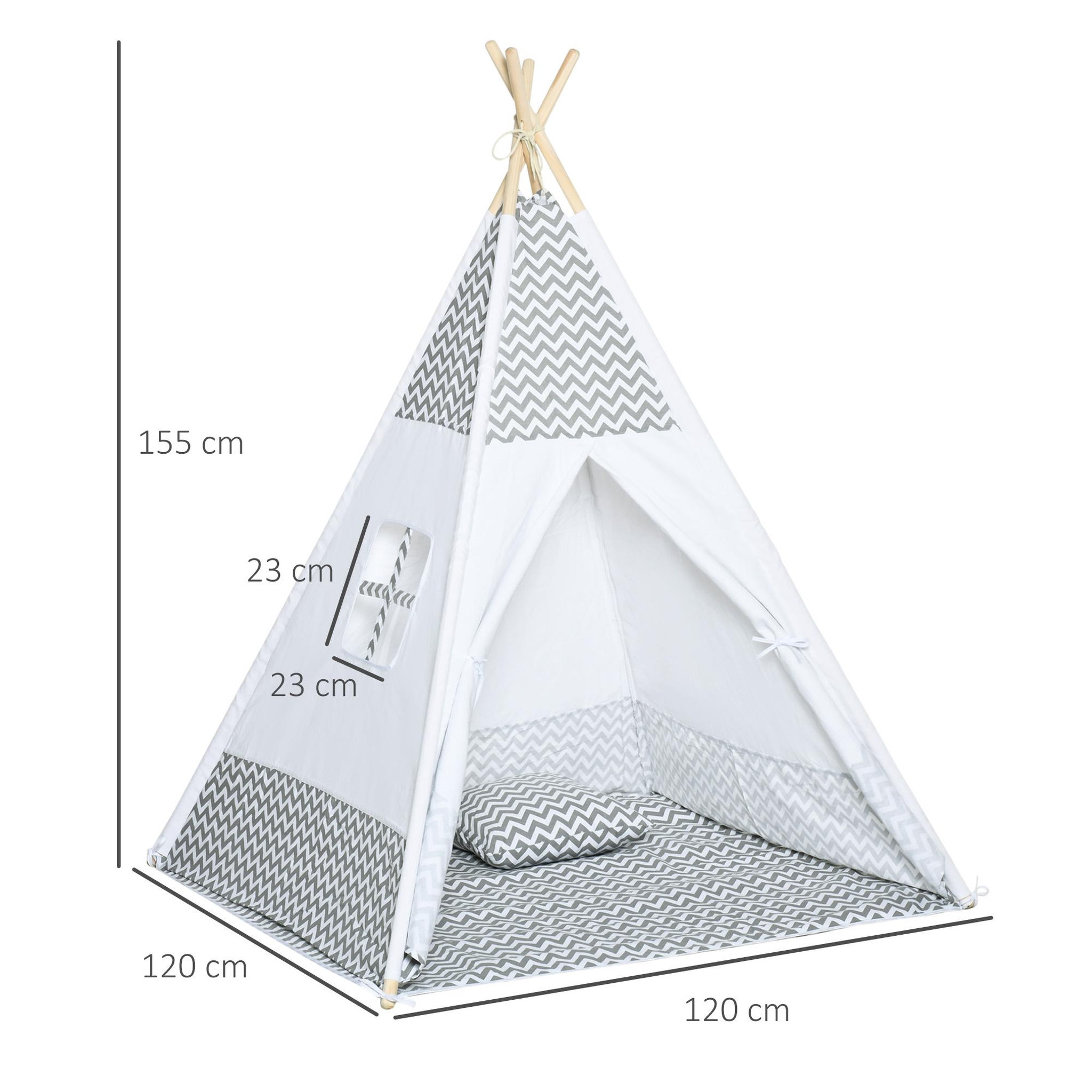 Voir la diapositive 3 : HOMCOM Tente teepee indien enfant style graphique - dim. 1,2L x 1,2I x 1,55H m - porte refermable, fenêtre, tapis, coussin, sac transport inclus - structure bois, toile polyester coton gris blanc