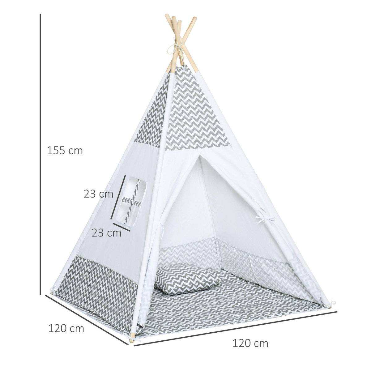 HOMCOM Tente teepee indien enfant style graphique - dim. 1,2L x 1,2I x 1,55H m - porte refermable, fenêtre, tapis, coussin, sac transport inclus - structure bois, toile polyester coton gris blanc