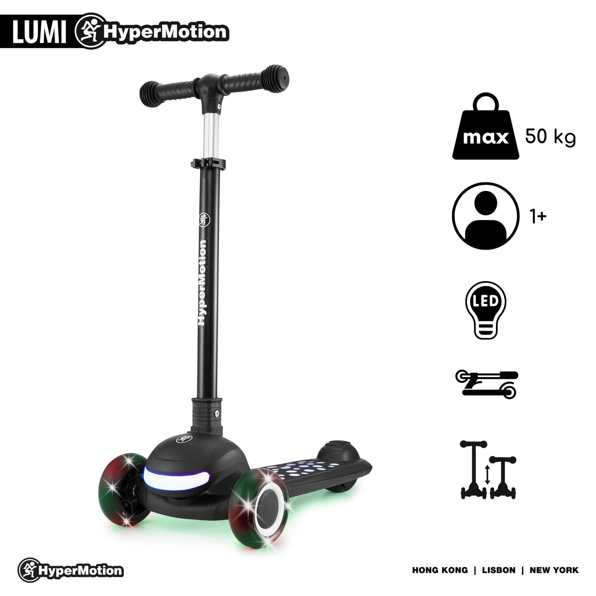 Voir la diapositive 5 : HYPERMOTION Trottinette Enfant 3-en-1 - LED - 50 kg- Siège Réglable- Pliable- Roues PU- Guidon T-Bar