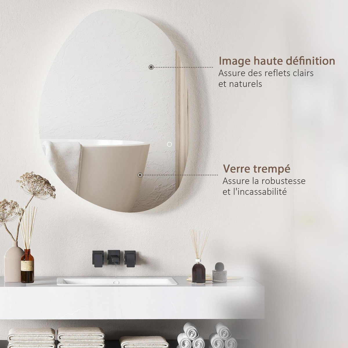 HOMCOM Miroir LED salle de bain réglable 27W - miroir organique 80 x 60 cm - anti-buée tactile - verre trempé