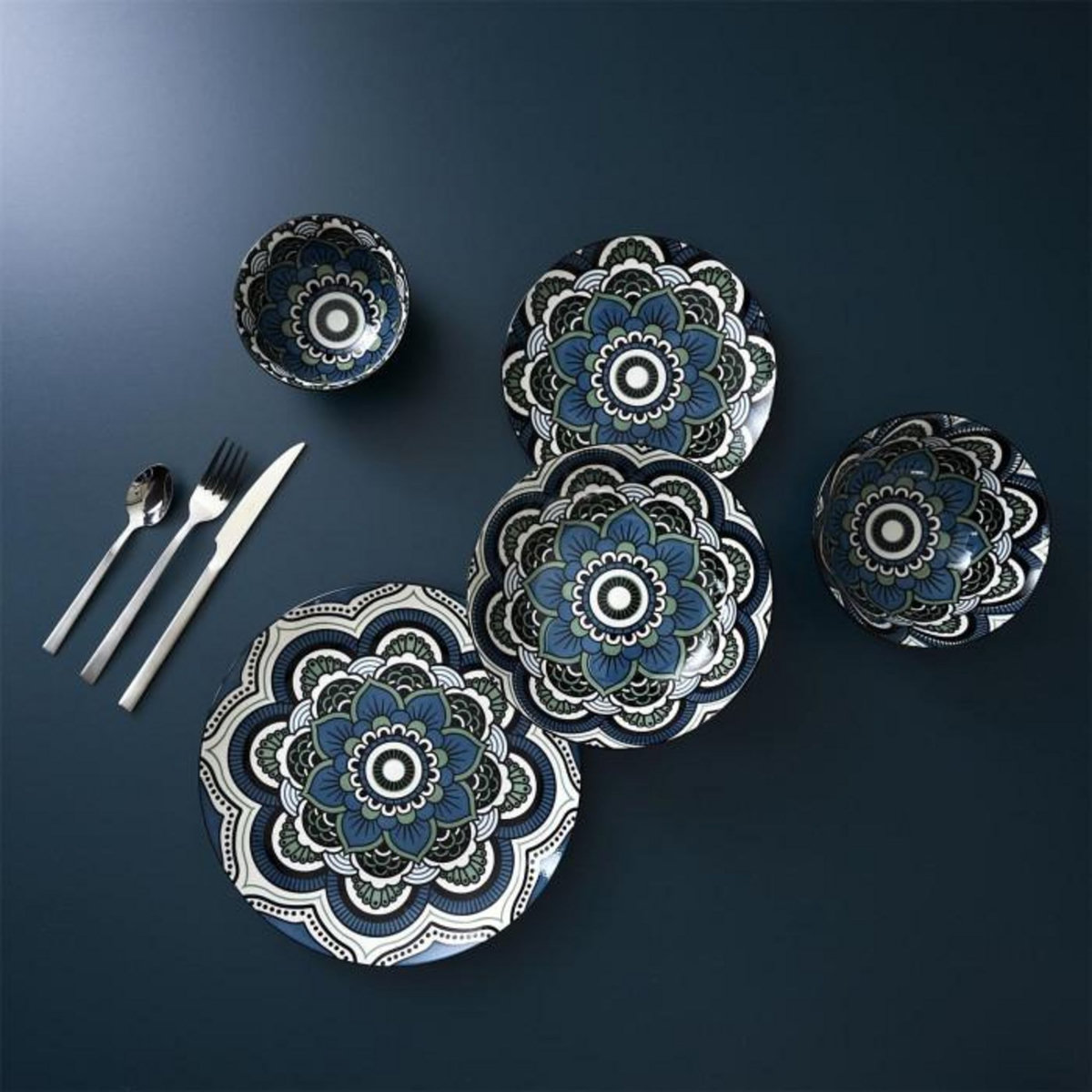 Paris Prix Lot de 6 Assiettes Plates  Mandala  26cm Bleu