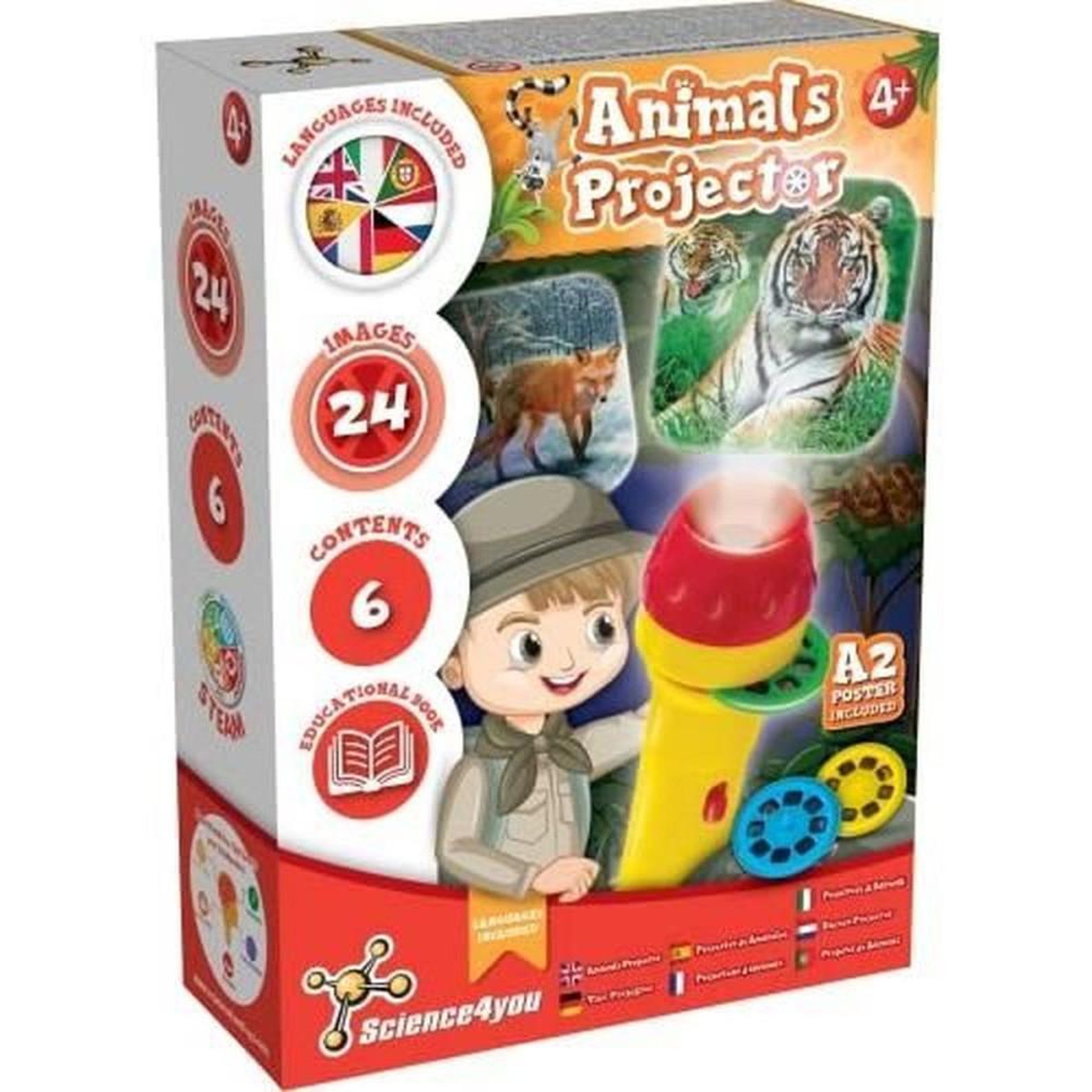 SCIENCE4FORYOU Projecteur-lampe animal éducatif pour enfants 4+ avec 24 images, 7 langues