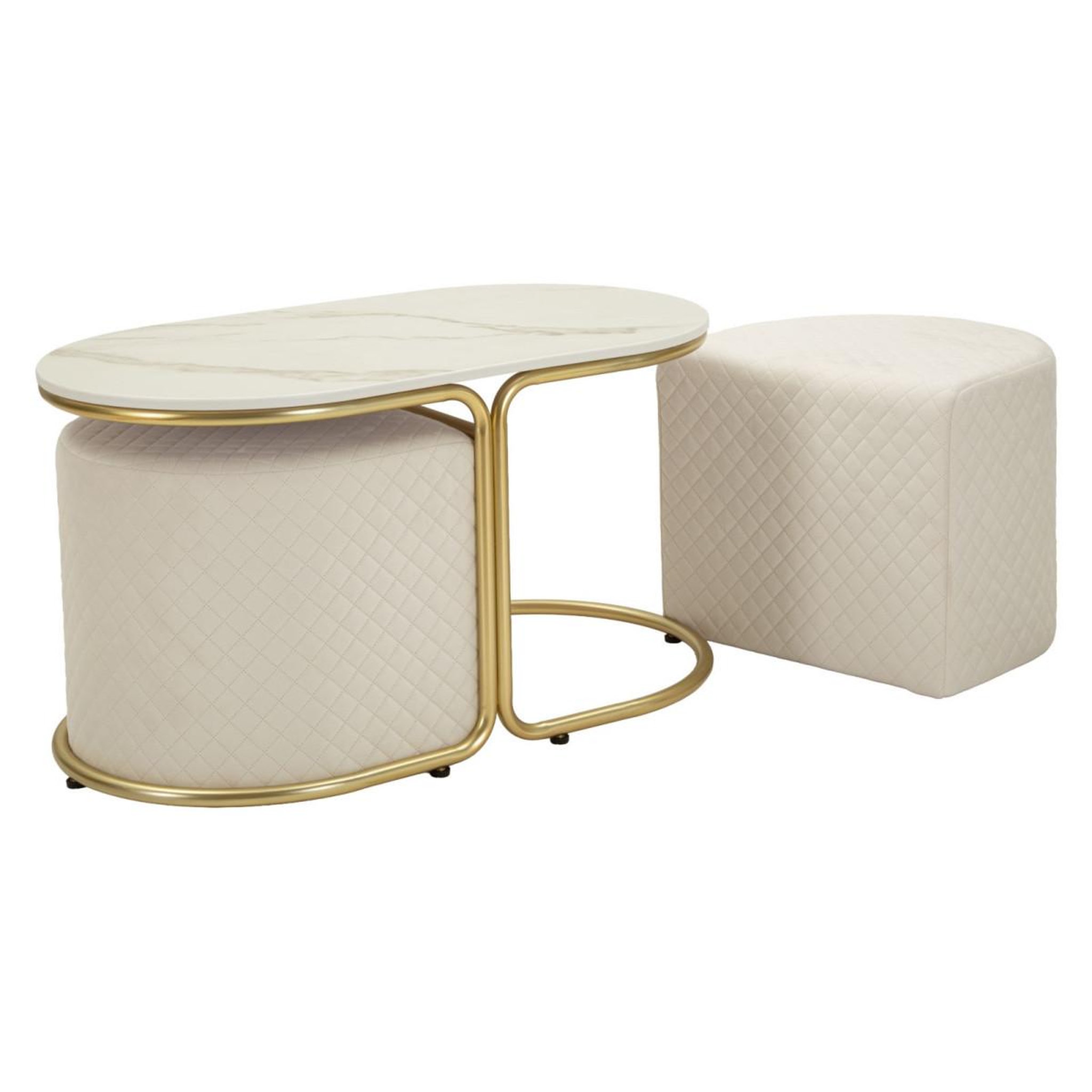 Voir la diapositive 5 : Paris Prix Table basse avec 2 poufs  relax  79cm blanc & or