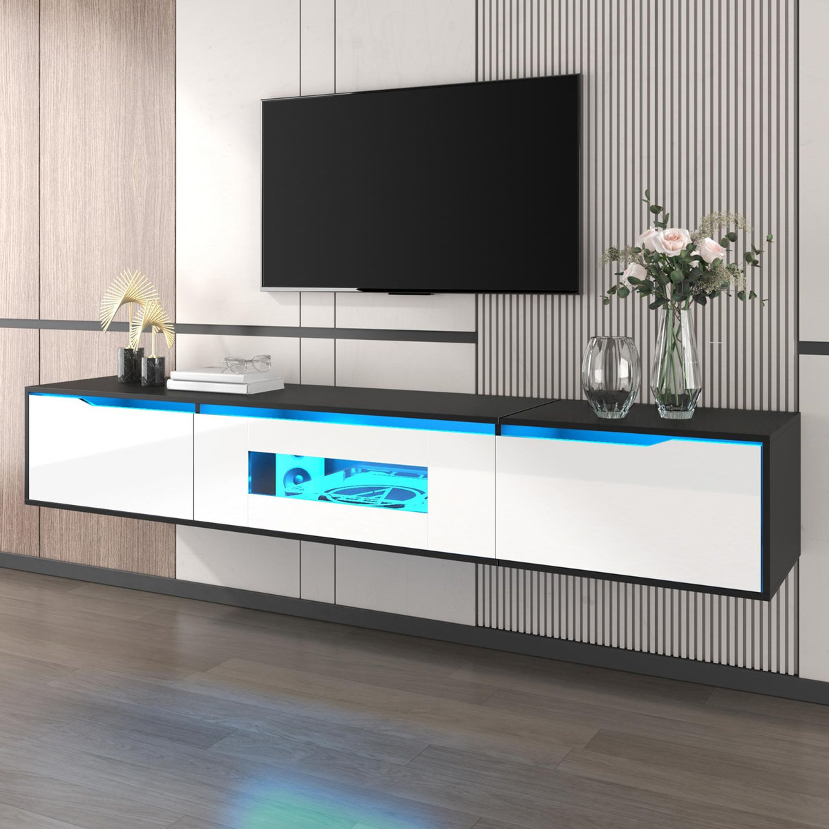 MERAX Meuble tv suspendu noir+blanc 180 cm led mdf