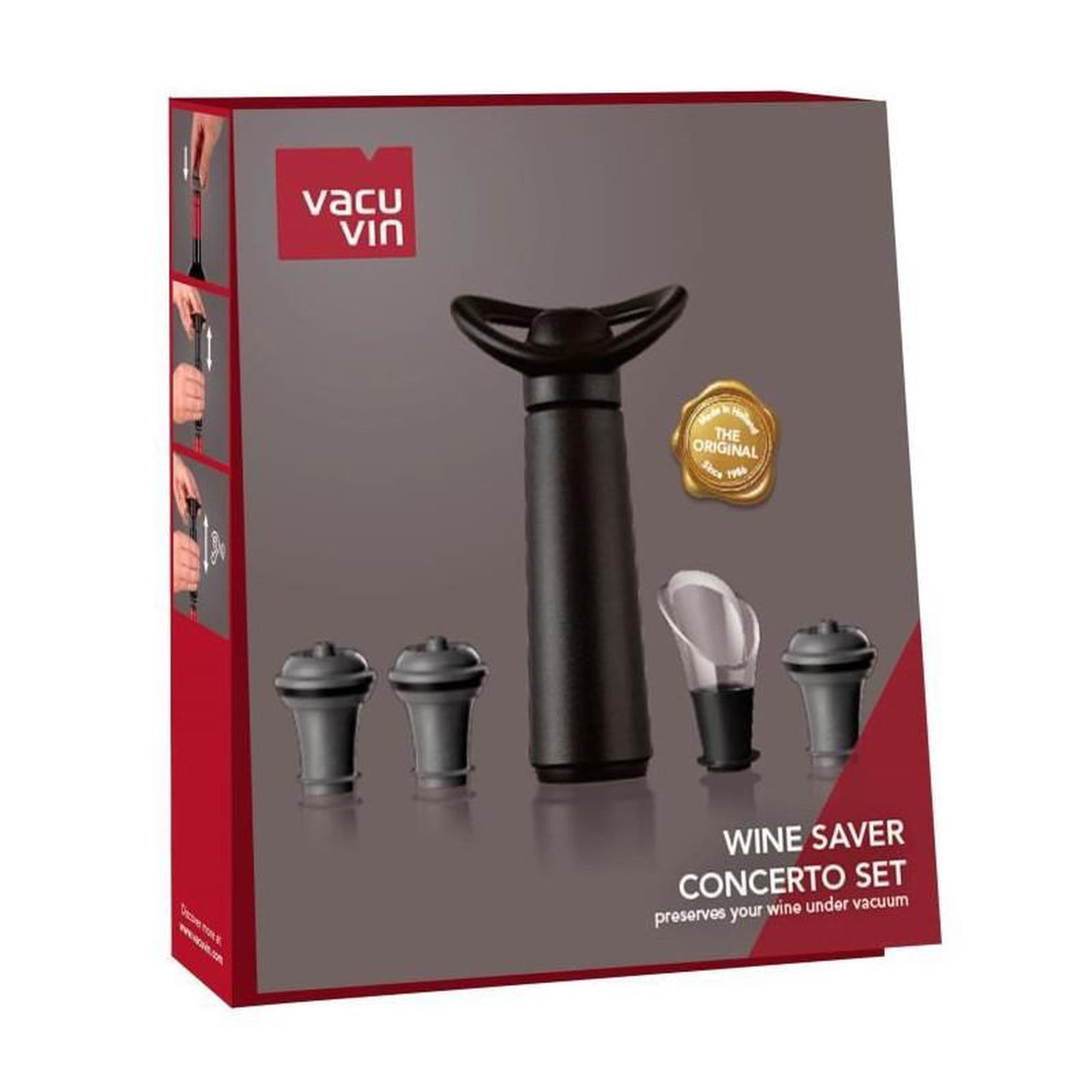 Voir la diapositive 2 : Vacu vin Coffret Vacuvin Pompe Concerto + 3 bouchons + 1 anti-gouttes