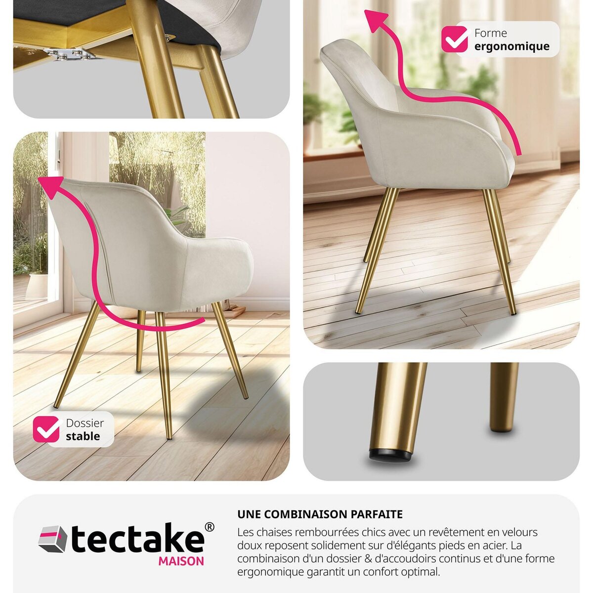tectake Ensemble de 8 chaises rembourrées aspect velours crème et or