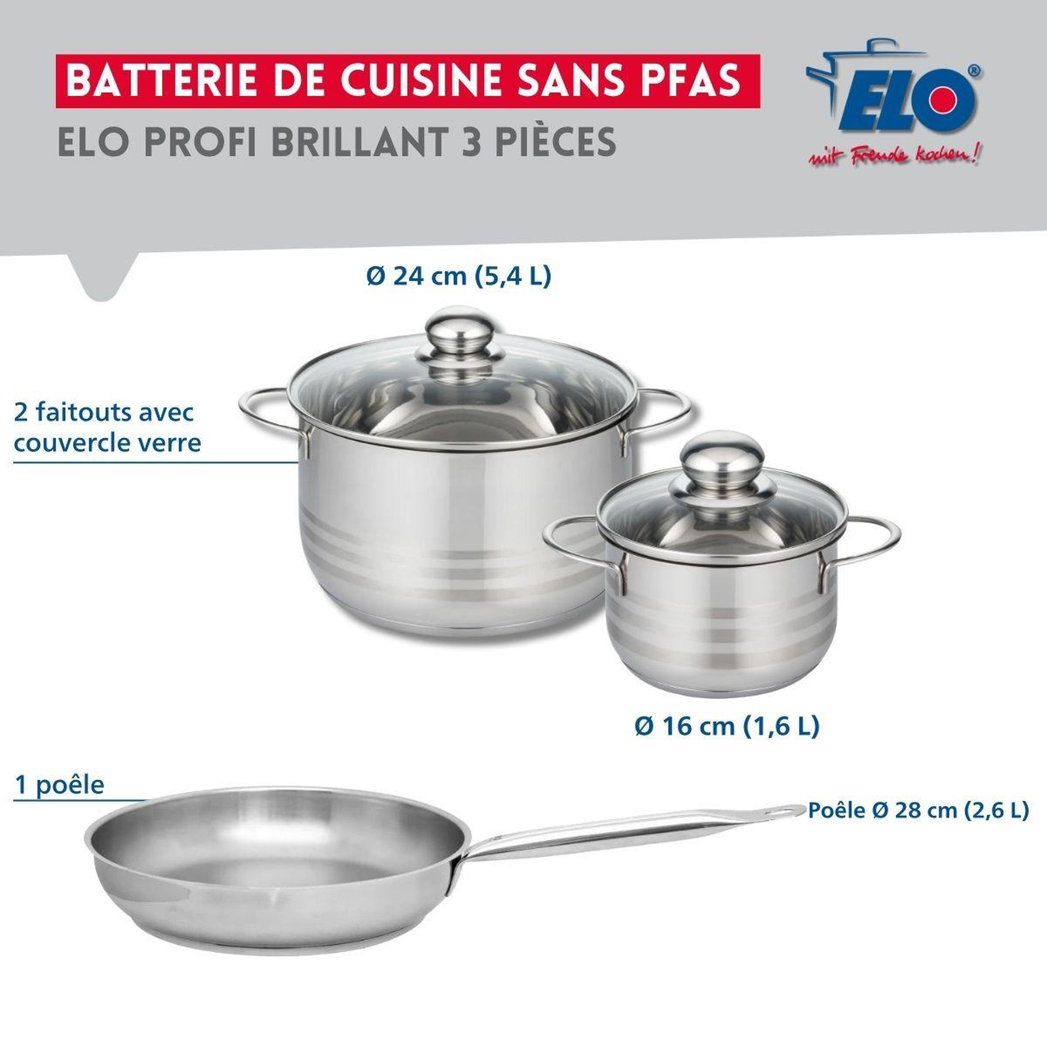 Voir la diapositive 2 : ELO Ensemble de 1 poêle de cuisson 28 cm et 2 faitouts 16 et 24 cm elo profi brillant